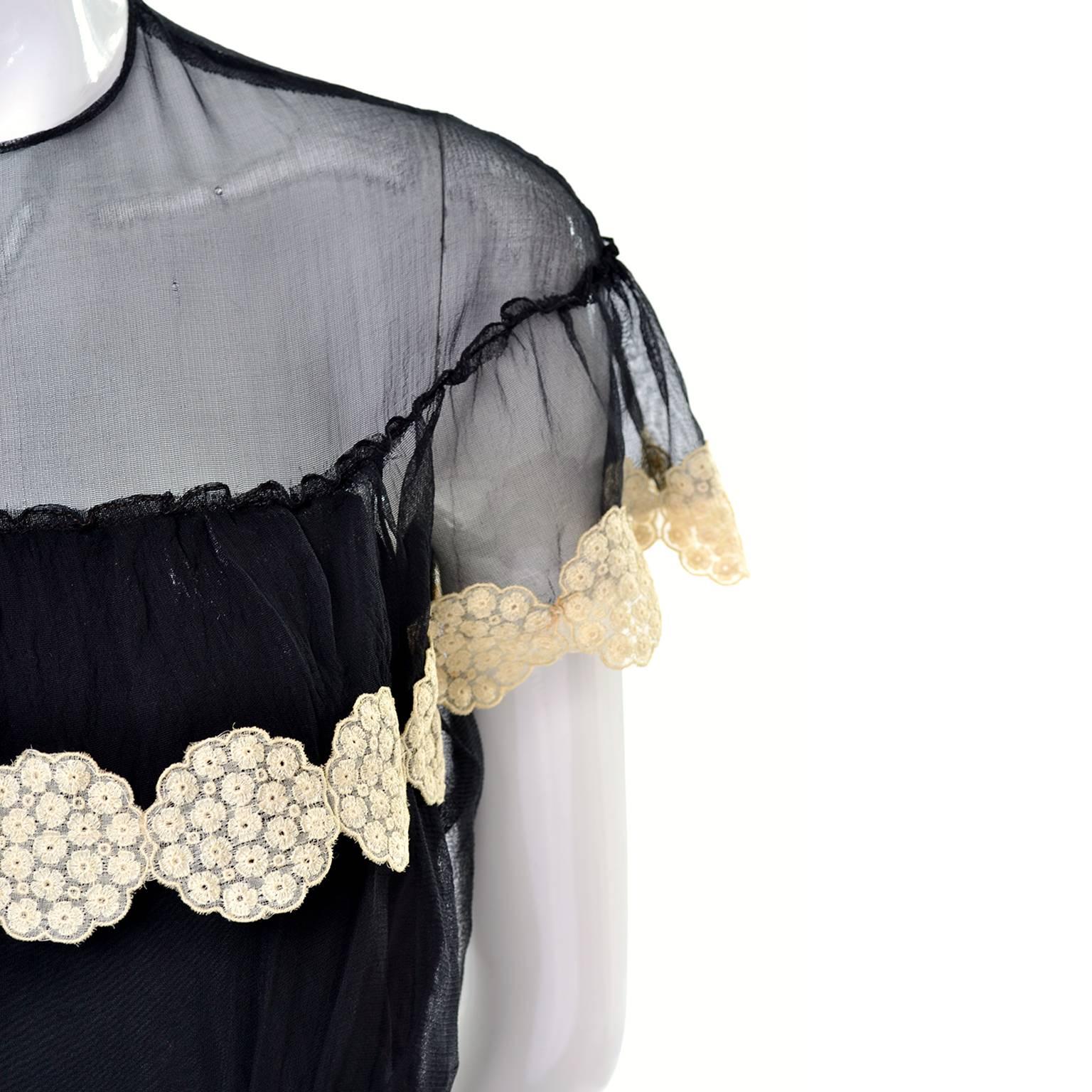 1930s Black Organza Vintage Dress Ivory Lace Applique Evening Gown 2
