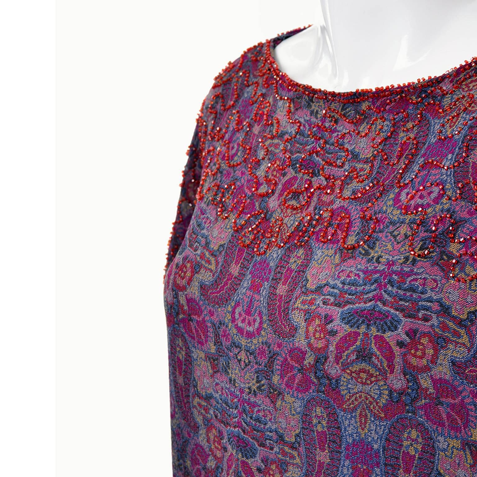 1920s Vintage Beaded Purple Paisley Dress With Red Beads In Excellent Condition For Sale In Portland, OR