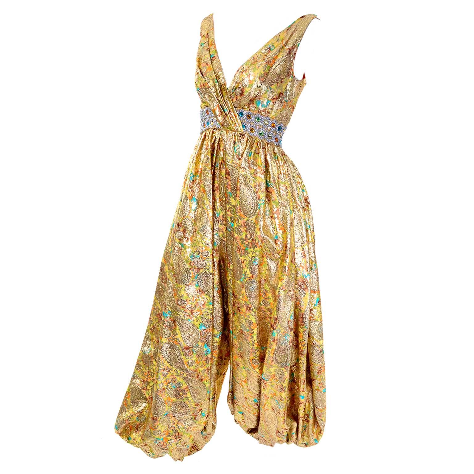 Women's 1960s Gold Metallic Harem Vintage Jumpsuit Jeweled Waist 6/8