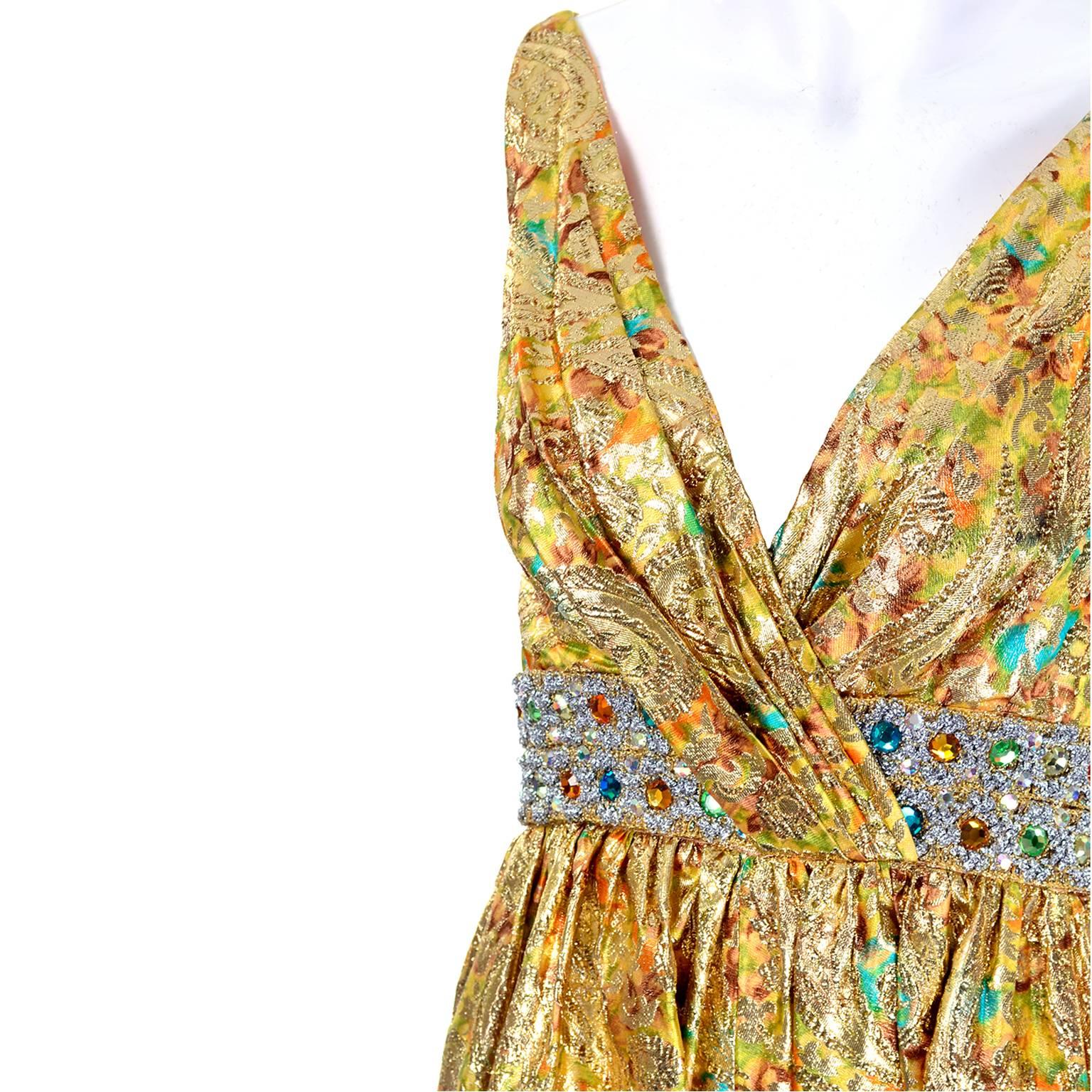 1960s Gold Metallic Harem Vintage Jumpsuit Jeweled Waist 6/8 1