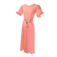 1930s Peach Silk Vintage Dress With Silk Flower Applique Size 6