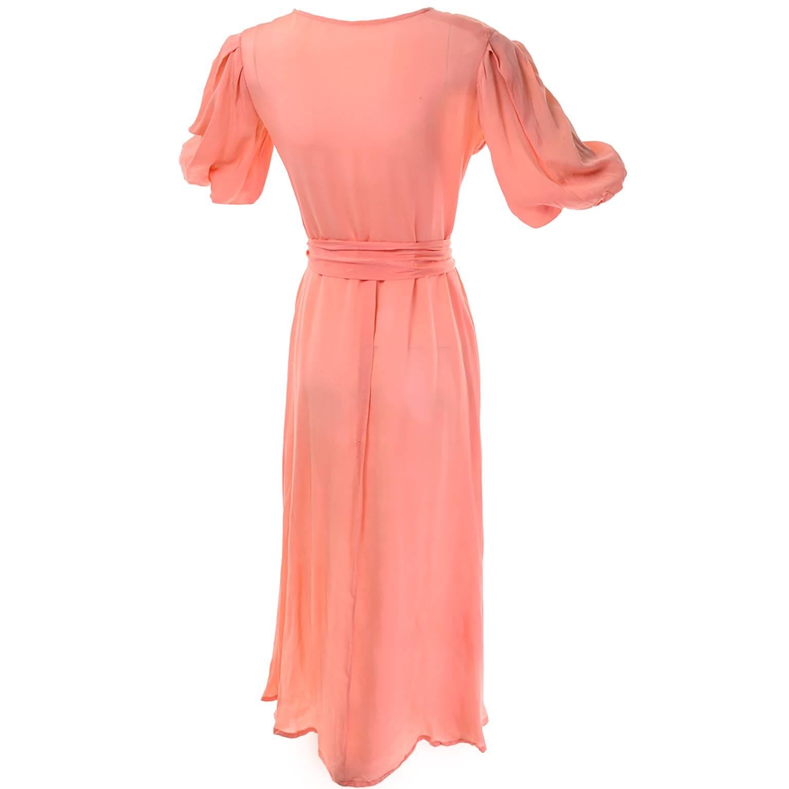 Orange 1930s Peach Silk Vintage Dress With Silk Flower Applique Size 6