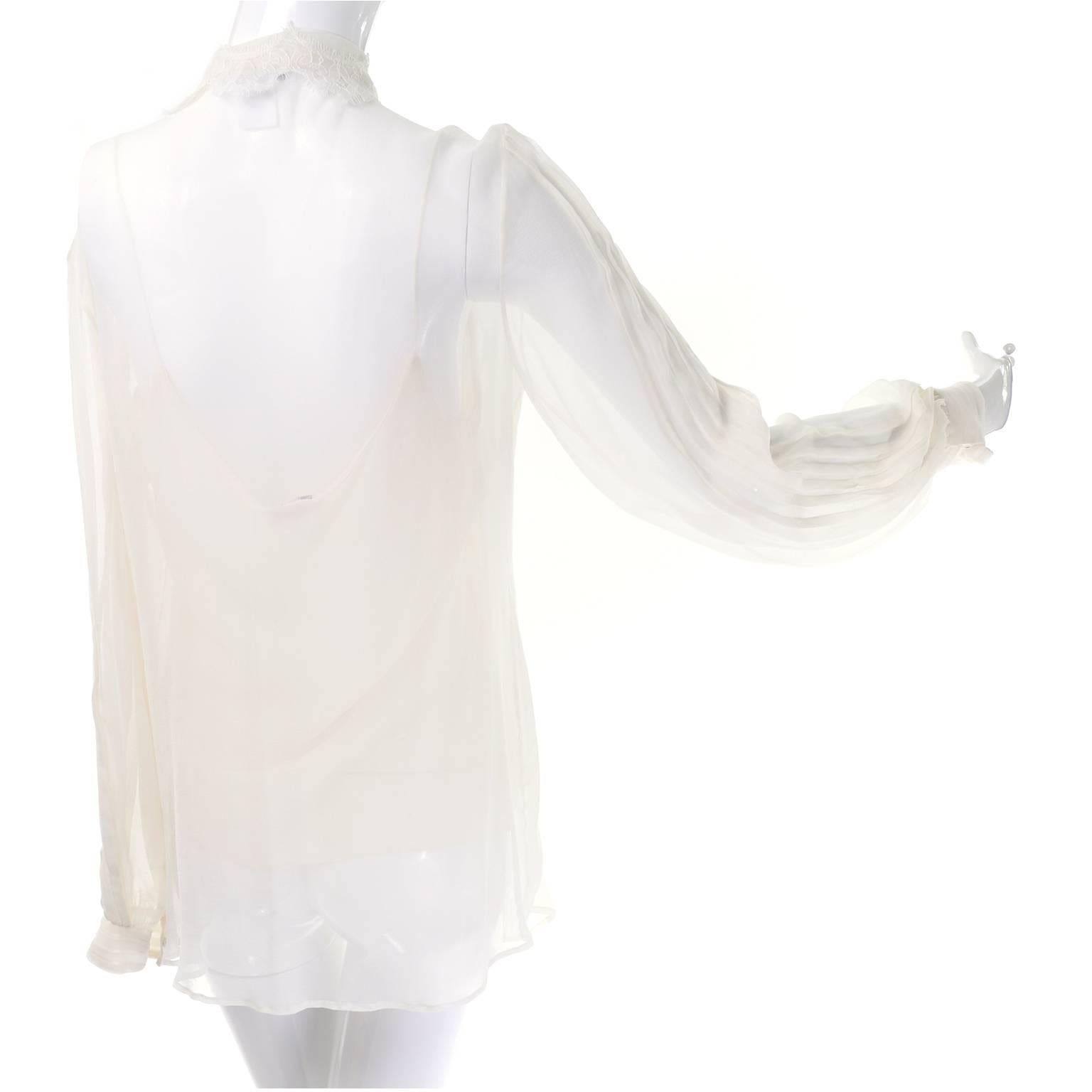 Silk Lace Ivory Oscar de la Renta Pussy Bow Blouse Size 8 Fall 2011 In Excellent Condition In Portland, OR