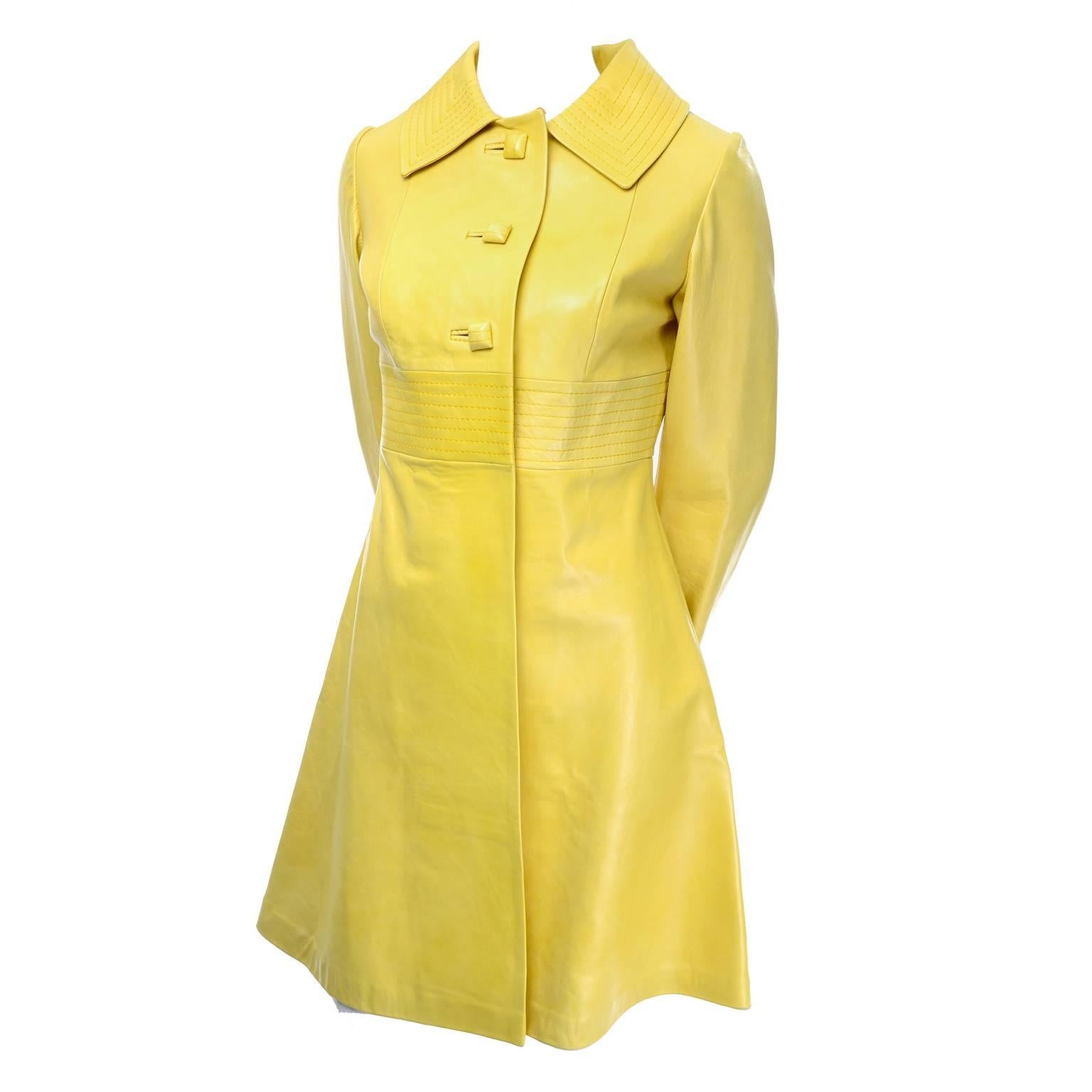 Mod Yellow 1960s Vintage Leather Coat Square Buttons Lined Size 2/4