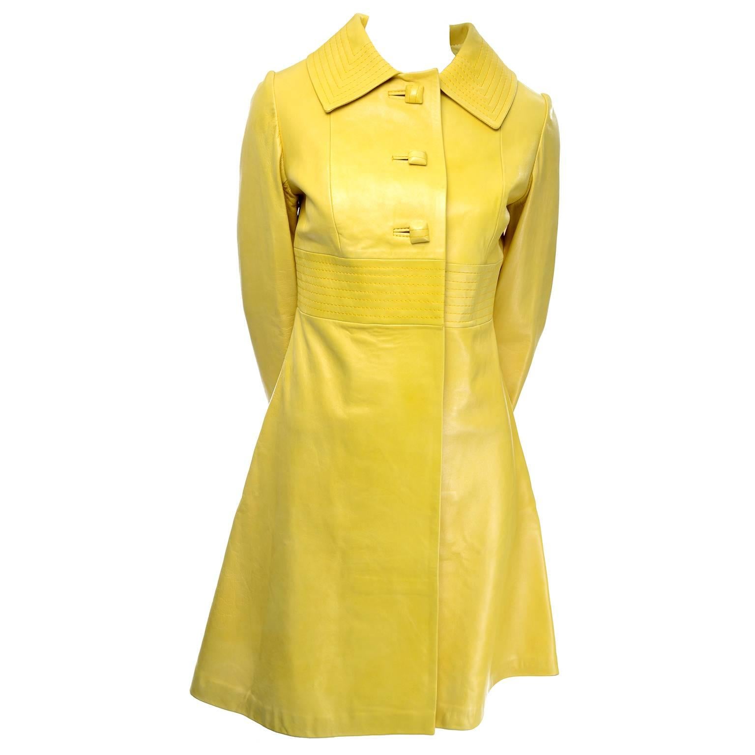 Mod Yellow 1960s Vintage Leather Coat Square Buttons Lined Size 2/4 at ...