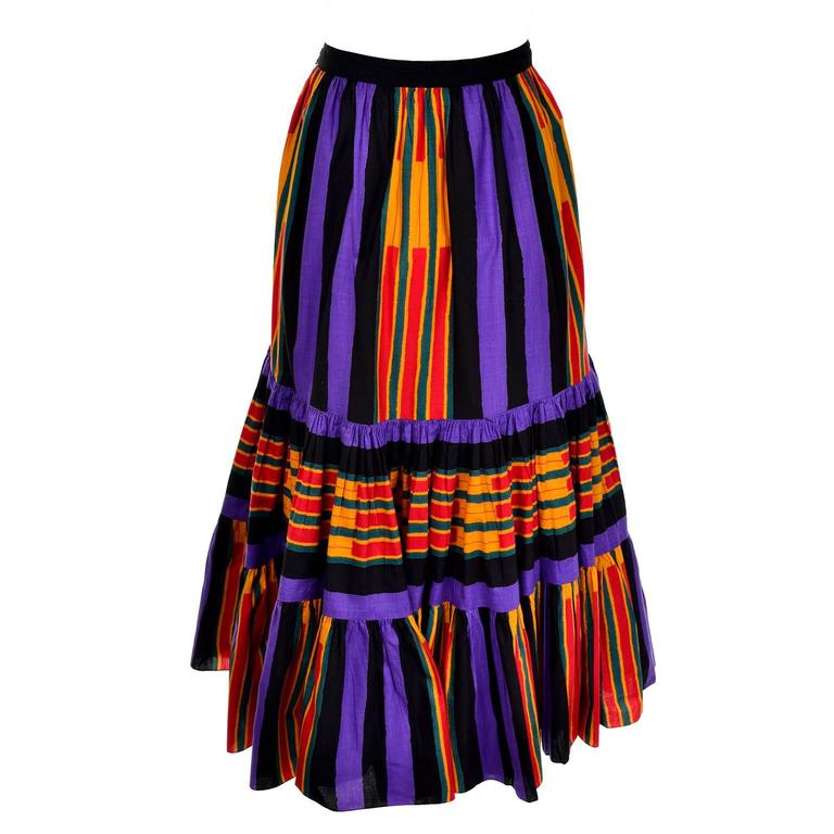 Women's 1970s Emanuel Ungaro Vintage Striped Peasant Skirt With Ruffles Size 10 For Sale