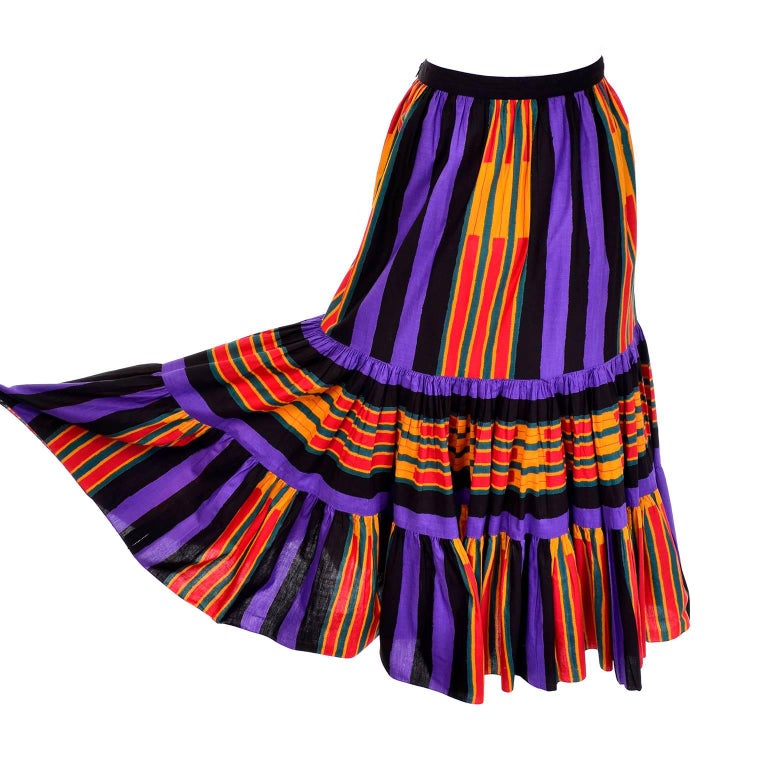 1970s Emanuel Ungaro Vintage Striped Peasant Skirt With Ruffles Size 10 For Sale