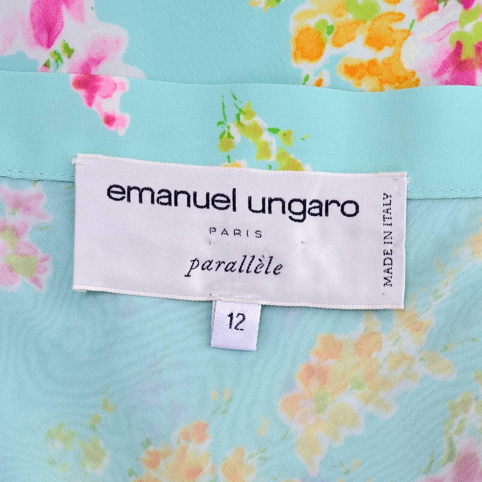 Vintage Emanuel Ungaro Skirt in Blue Silk Floral Print w Pink Flowers Sz Medium In Fair Condition In Portland, OR
