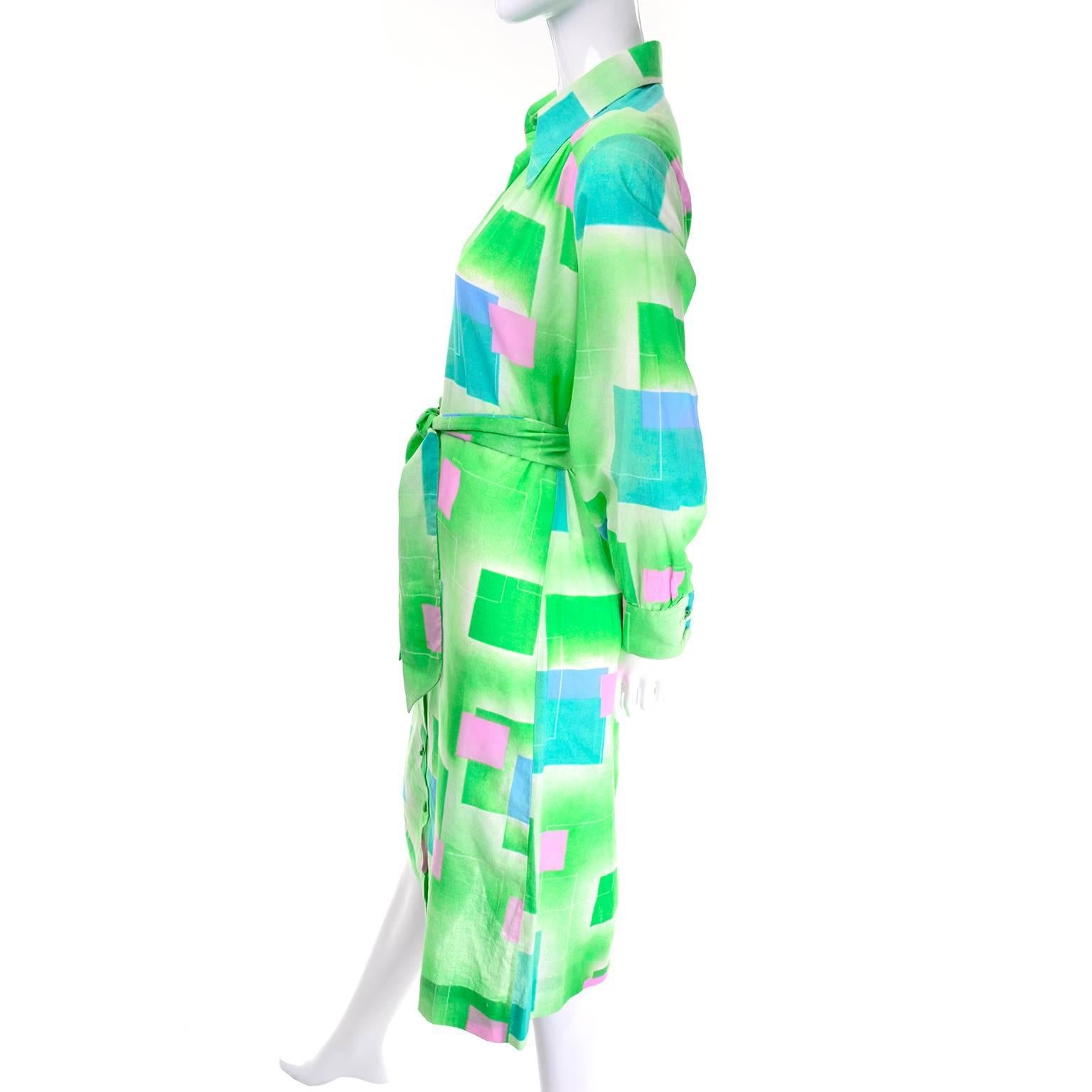 1970s Lanvin Vintage Dress in Geometric Graphic Green Blue and Pink Print 8/10 In Excellent Condition In Portland, OR