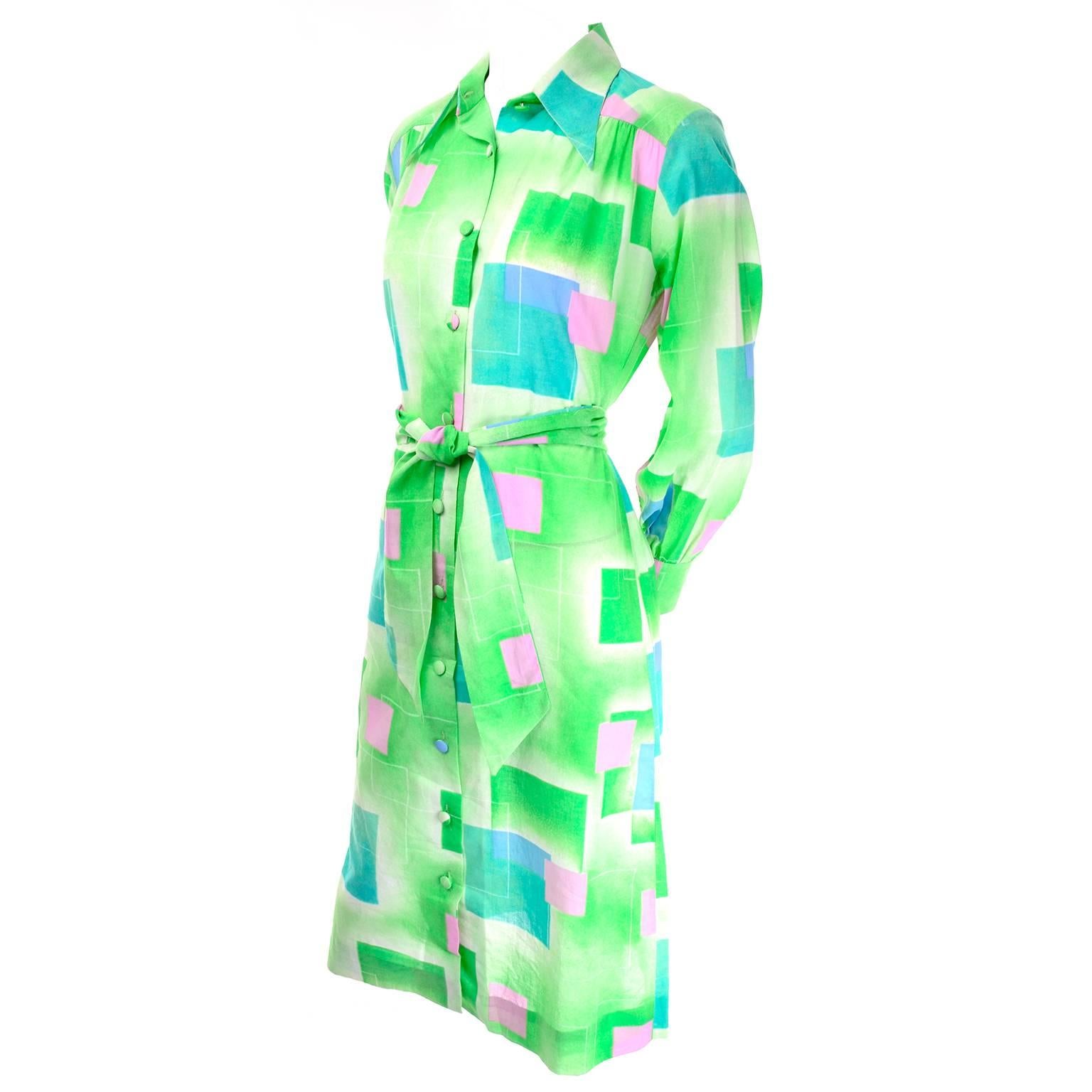 Women's 1970s Lanvin Vintage Dress in Geometric Graphic Green Blue and Pink Print 8/10