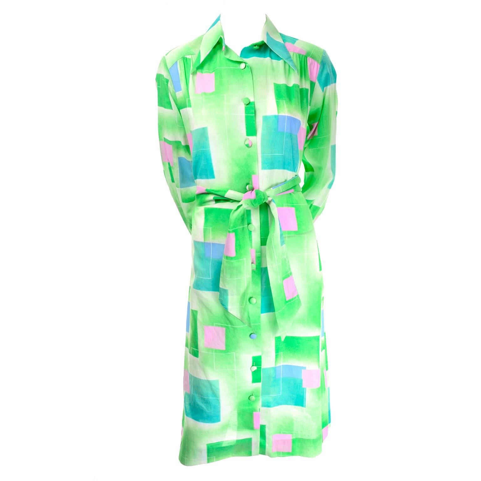 1970s Lanvin Vintage Dress in Geometric Graphic Green Blue and Pink Print 8/10