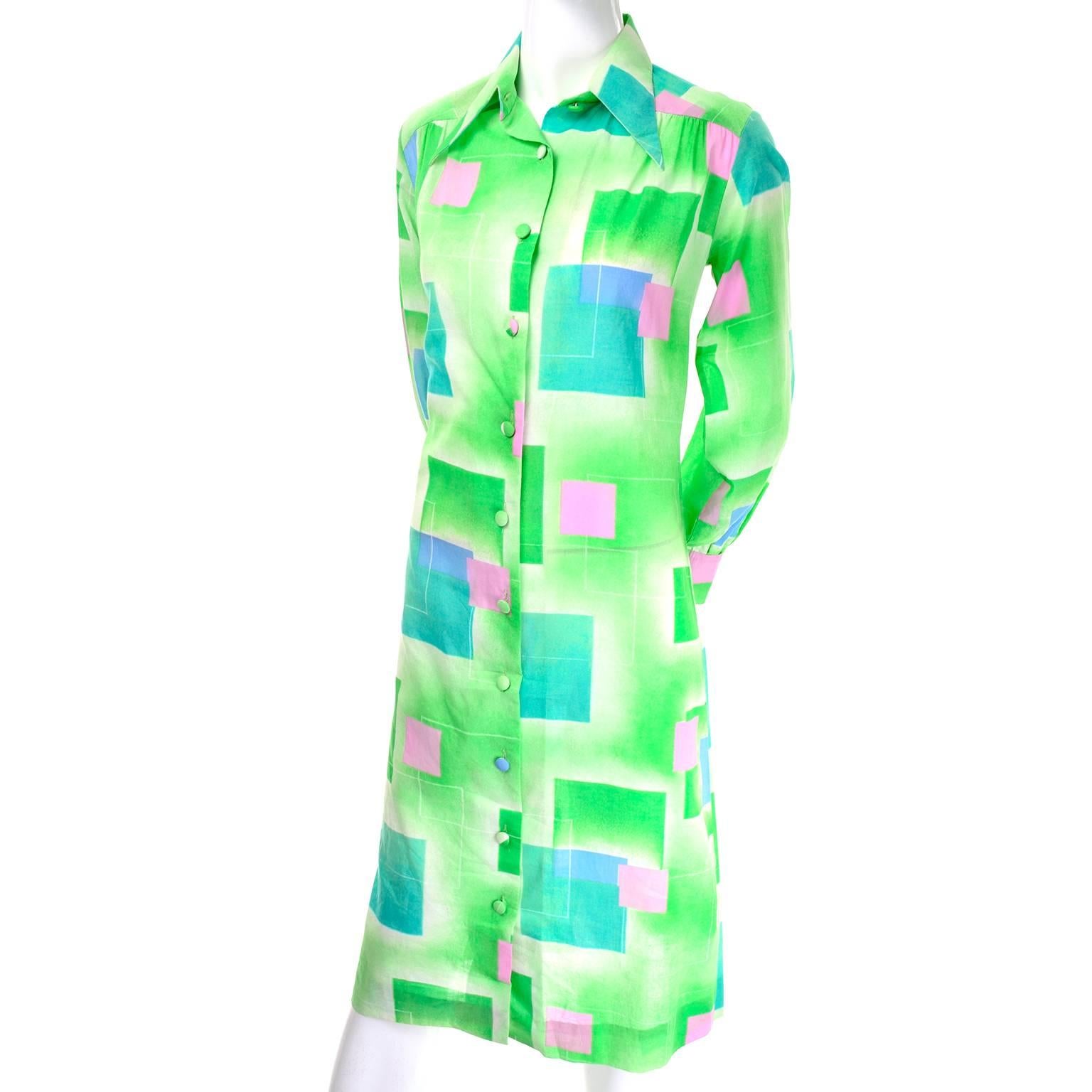 1970s Lanvin Vintage Dress in Geometric Graphic Green Blue and Pink Print 8/10 1