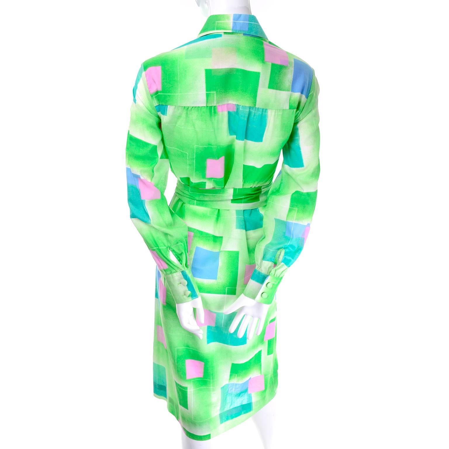 1970s Lanvin Vintage Dress in Geometric Graphic Green Blue and Pink Print 8/10 2