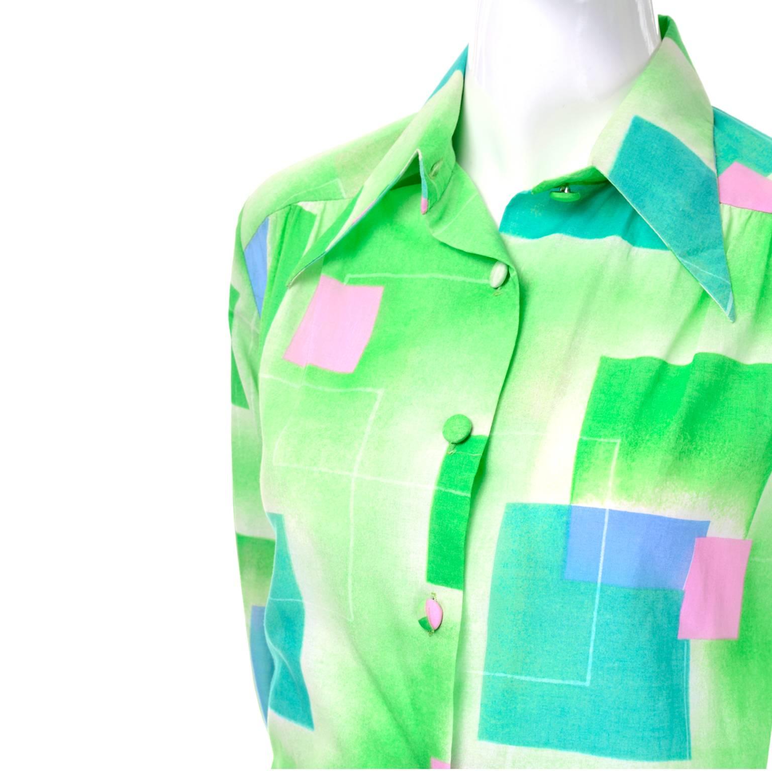 1970s Lanvin Vintage Dress in Geometric Graphic Green Blue and Pink Print 8/10 3