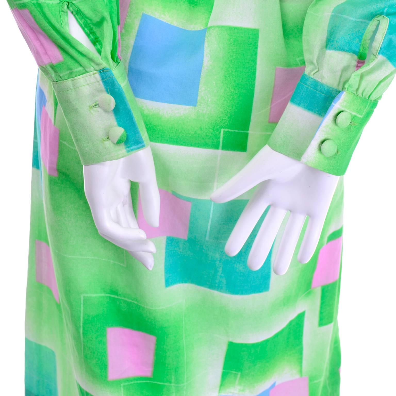1970s Lanvin Vintage Dress in Geometric Graphic Green Blue and Pink Print 8/10 4