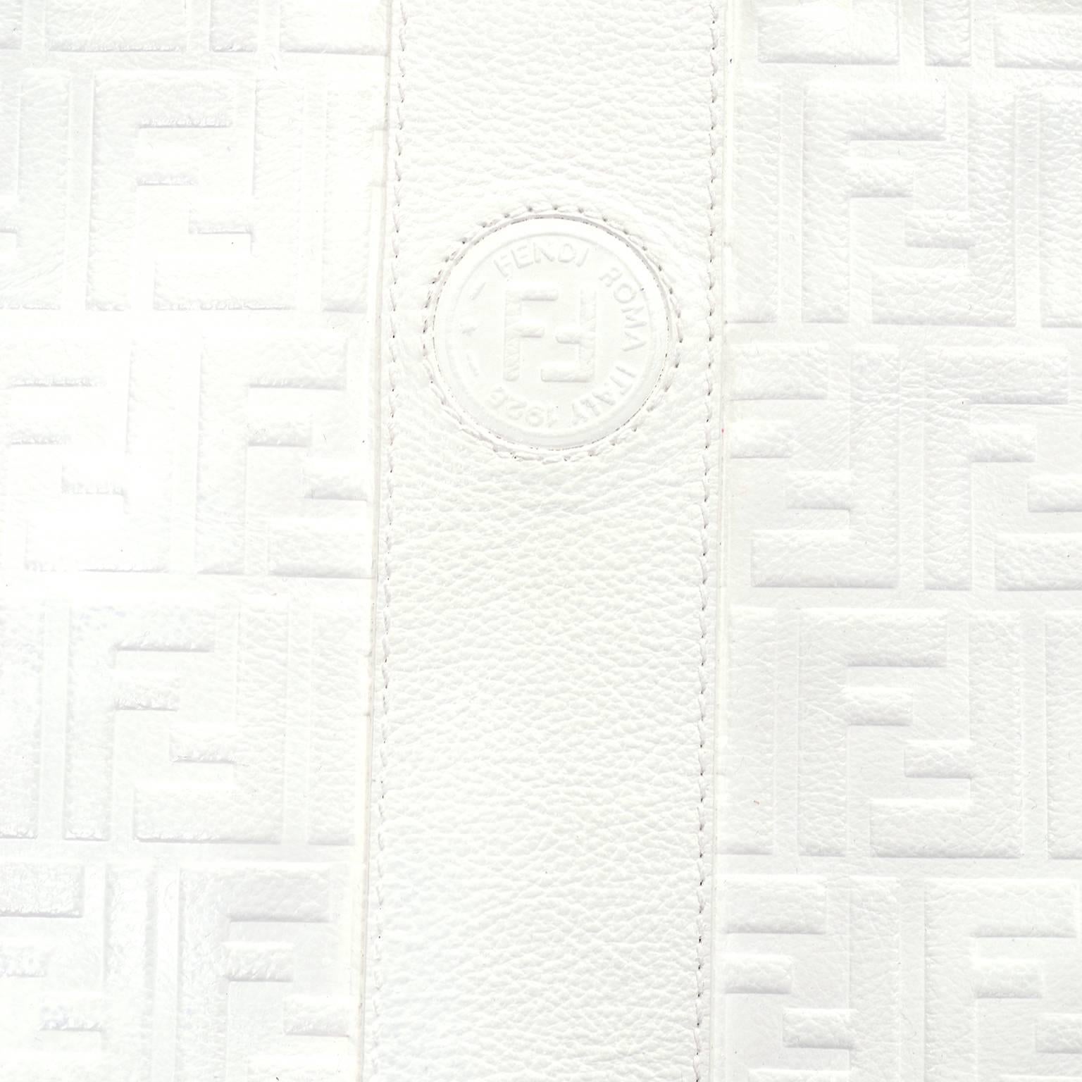 This large clutch style vintage white leather Fendi handbag has the F logo throughout the leather and measures 10 by 15
