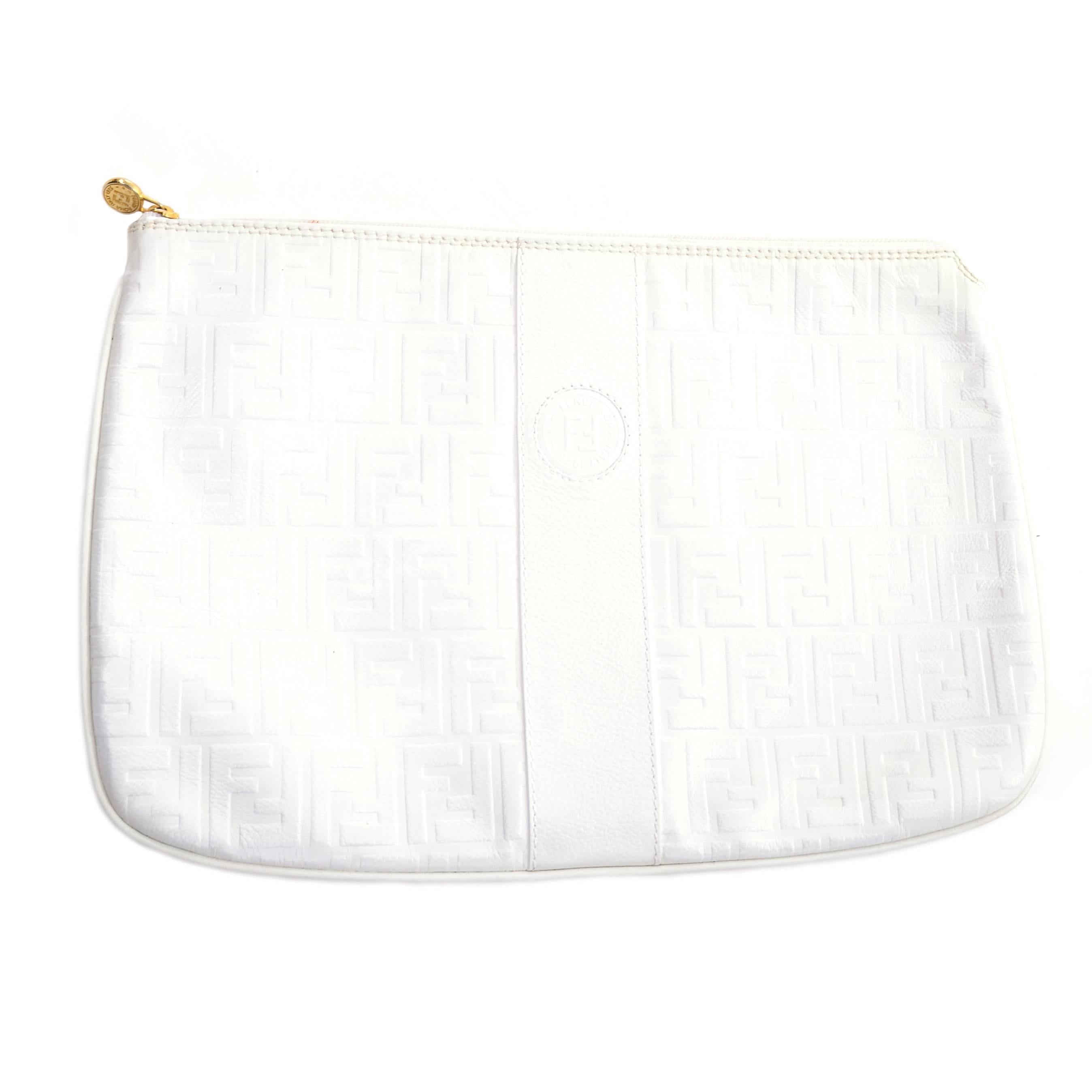 Gray Vintage Fendi Handbag in White Leather Oversized Clutch W/ F Logo Pattern
