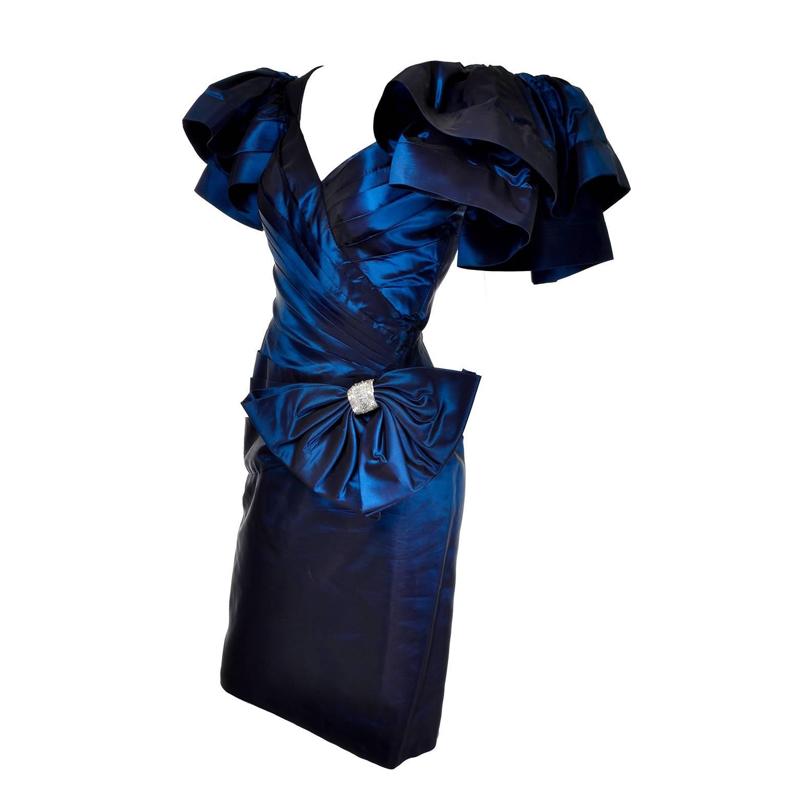 1980s Tadashi Vintage Blue Dress Iridescent Satin Dramatic Bow Beading