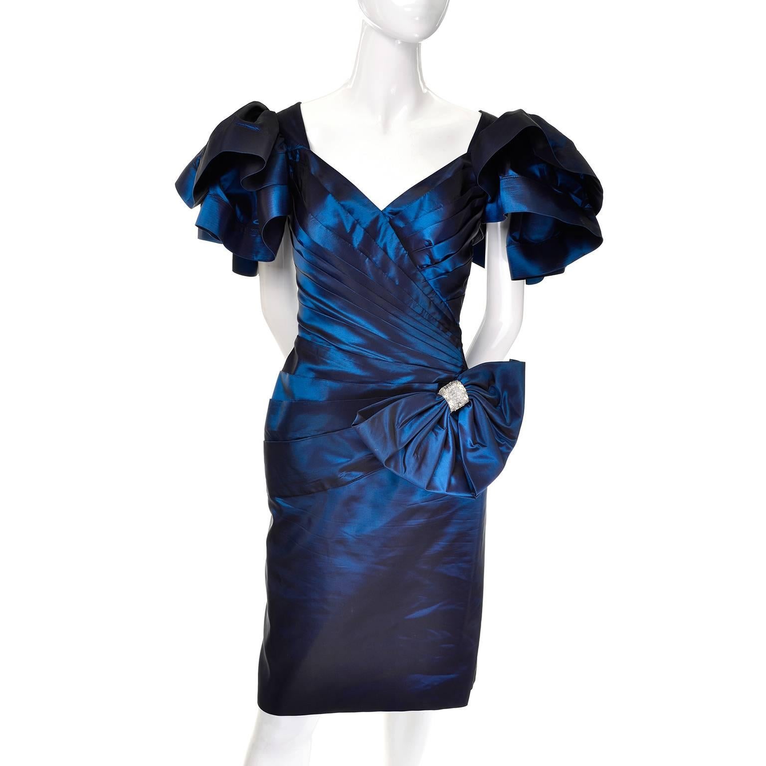 1980s Tadashi Vintage Blue Dress Iridescent Satin Dramatic Bow Beading 1