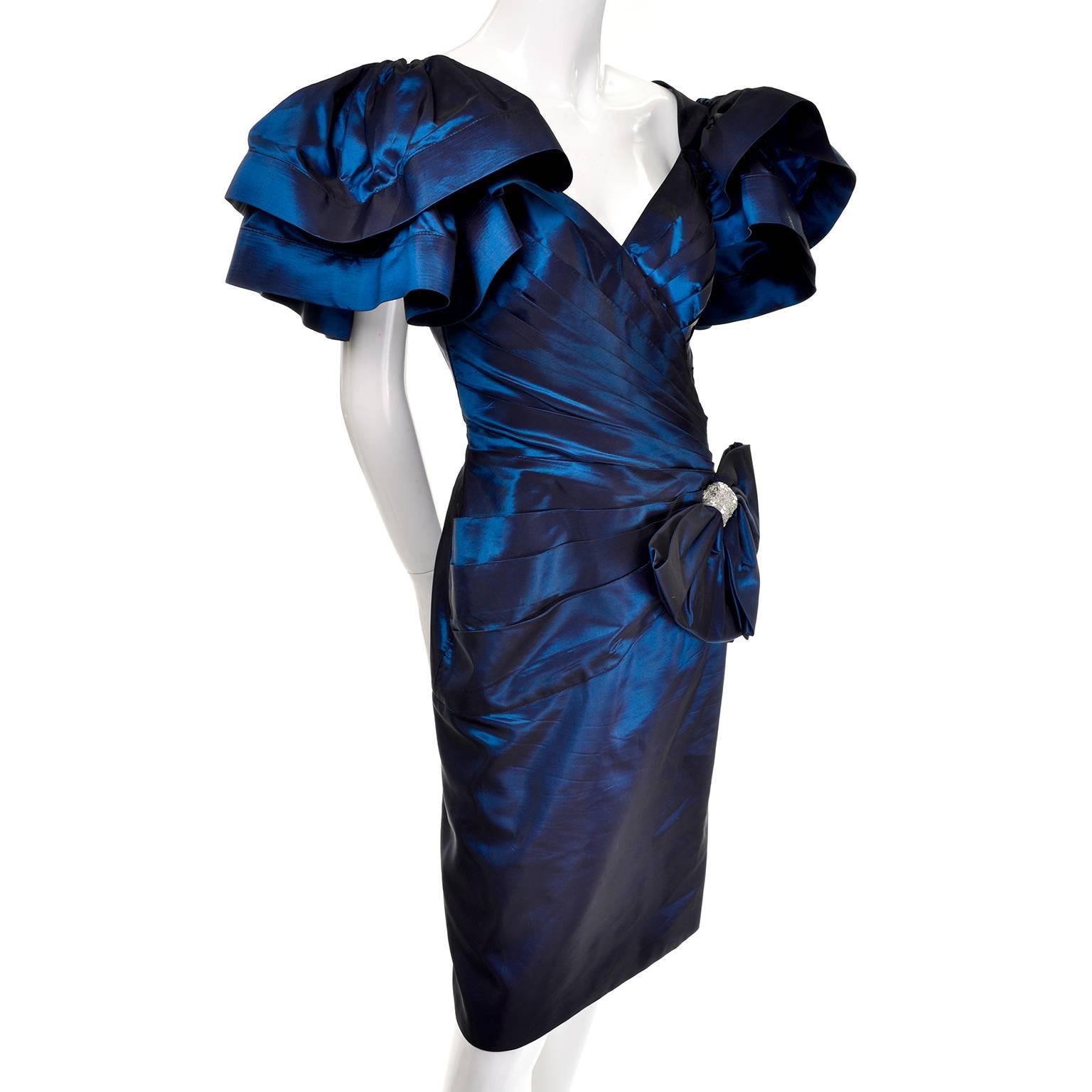 Black 1980s Tadashi Vintage Blue Dress Iridescent Satin Dramatic Bow Beading