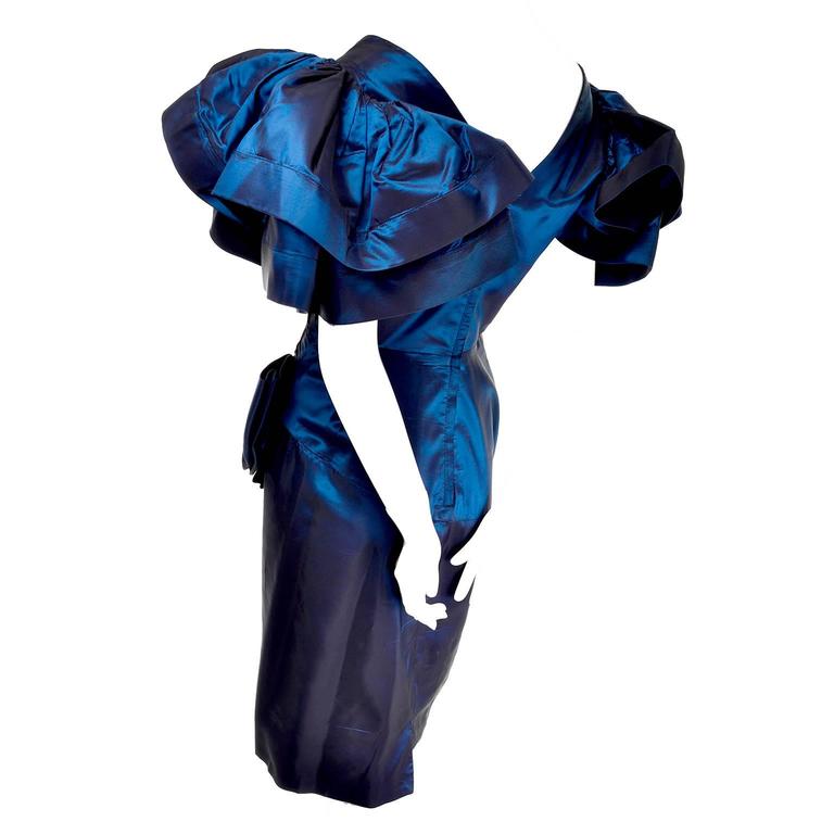 1980s Tadashi Vintage Blue Dress Iridescent Satin Dramatic Bow Beading ...