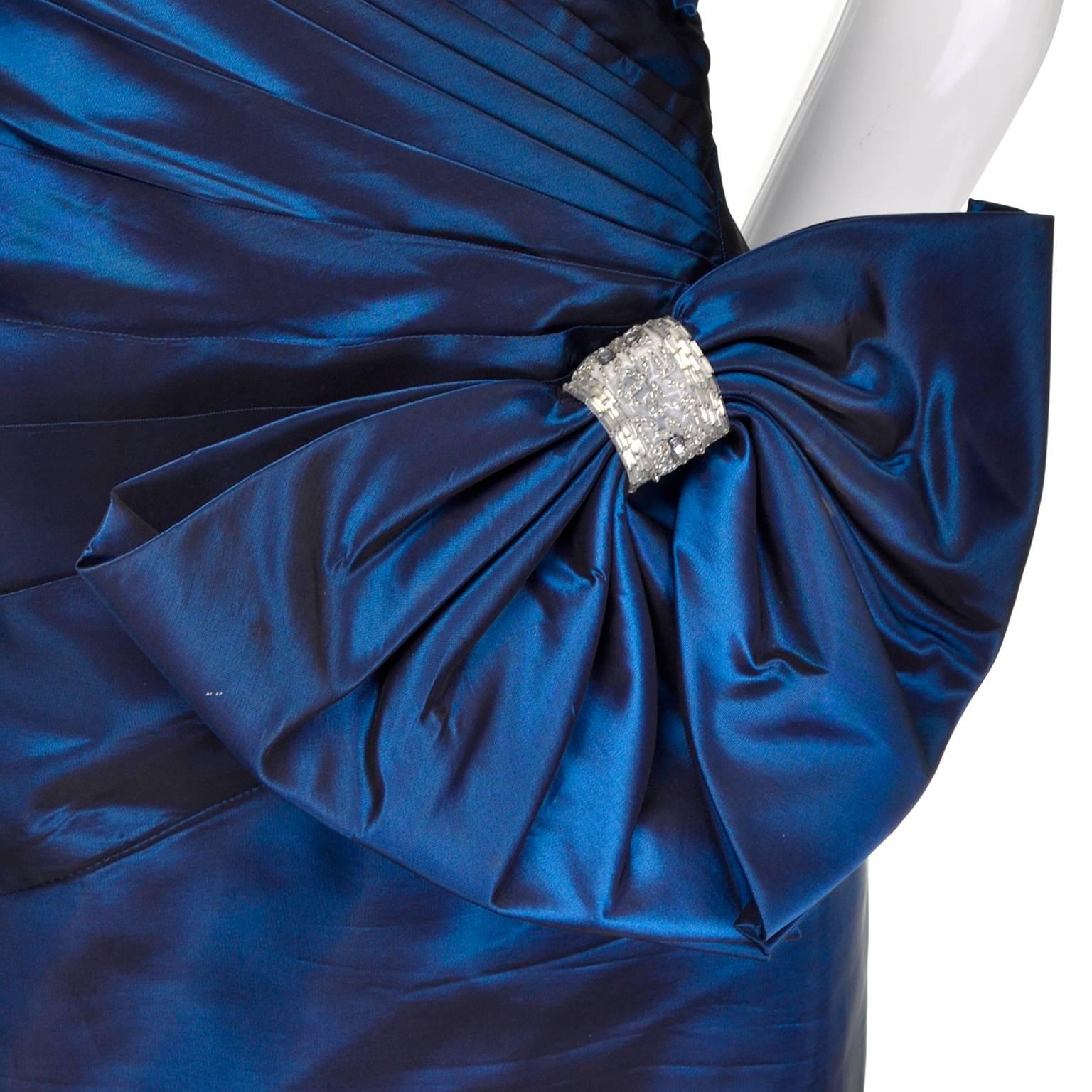 Women's 1980s Tadashi Vintage Blue Dress Iridescent Satin Dramatic Bow Beading