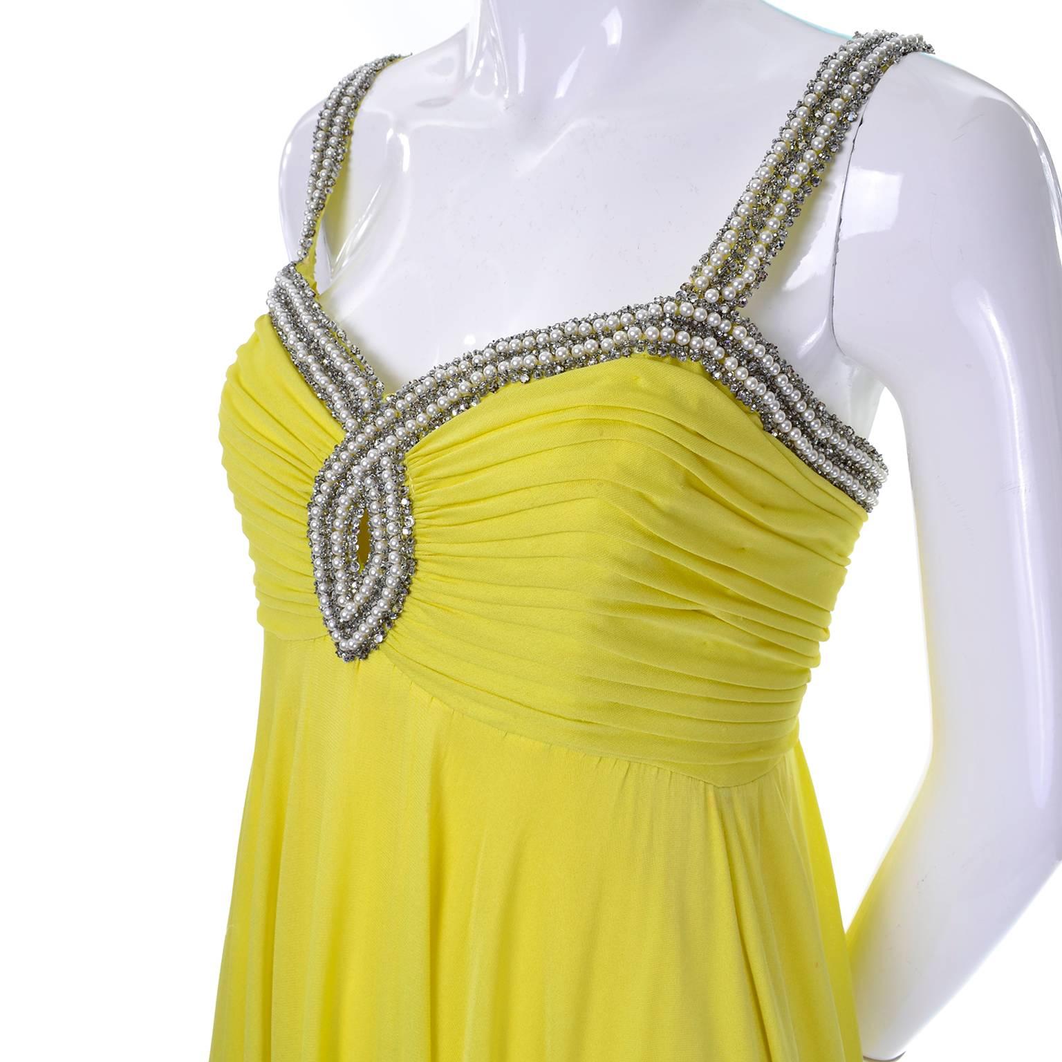 1960s Beaded Vintage Evening Dress in Yellow Green Silk W Rhinestones