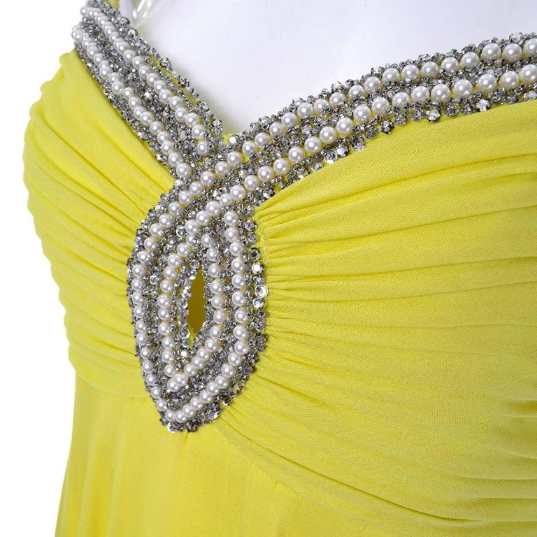 1960s Beaded Vintage Evening Dress in Yellow Green Silk W Rhinestones and Wrap For Sale at