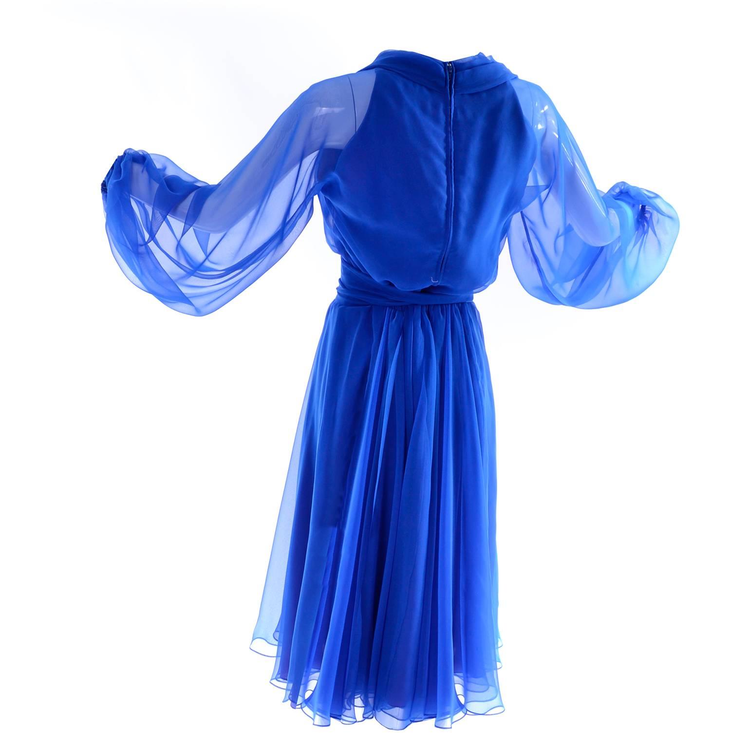 1970s Estevez Blue Chiffon Vintage Dress Sheer Sleeves Size 4/6 2