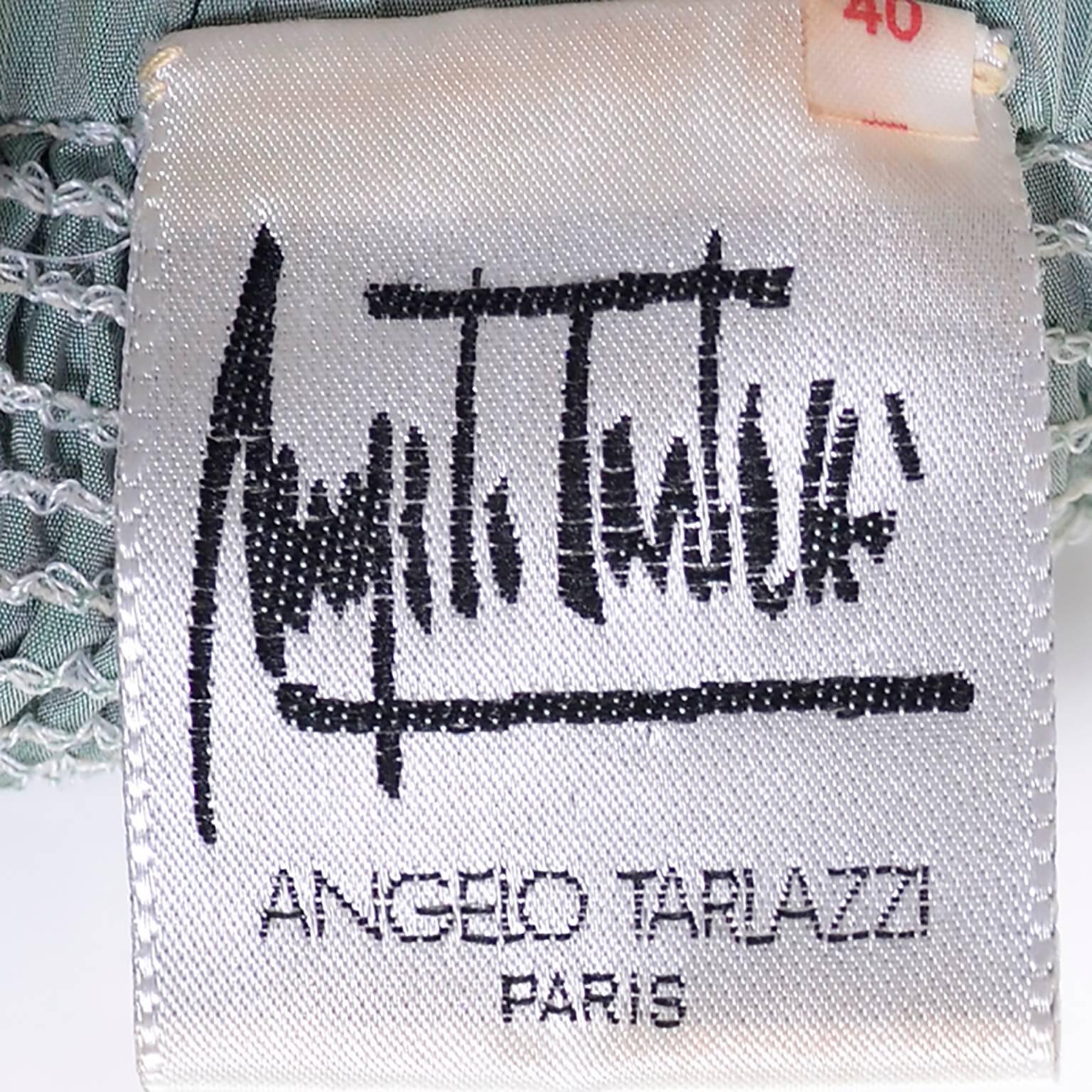 Angelo Tarlazzi Paris Iridescent Pistachio Green Shirred Vintage Dress 1980s In Good Condition For Sale In Portland, OR
