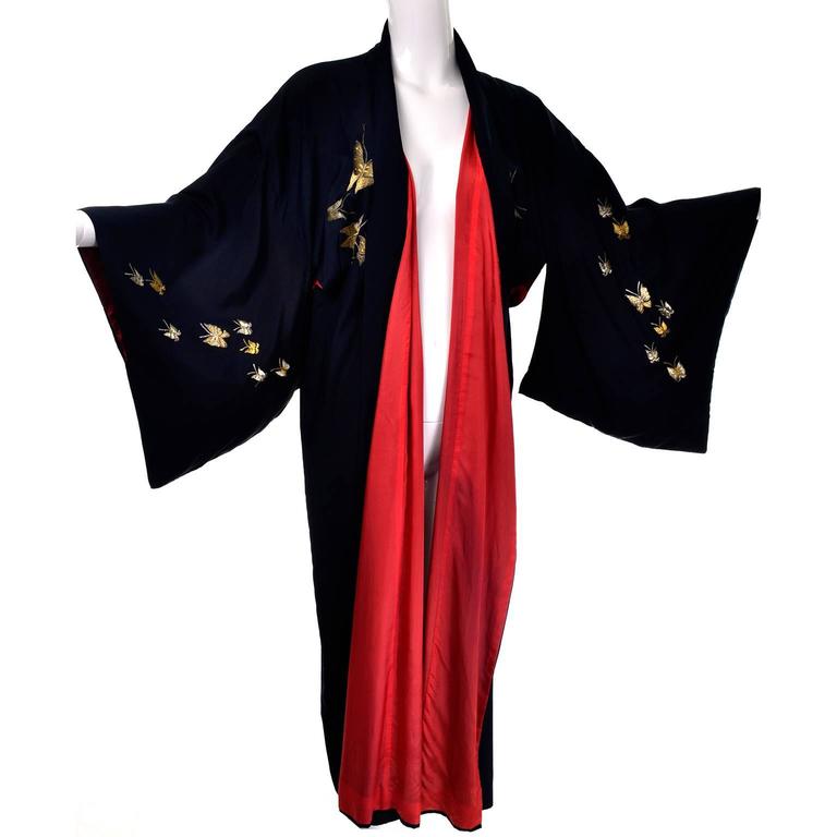 Silk Vintage Kimono Metallic Embroidery Butterflies Dressing Gown