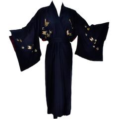 Silk Vintage Kimono Metallic Embroidery Butterflies Dressing Gown Robe