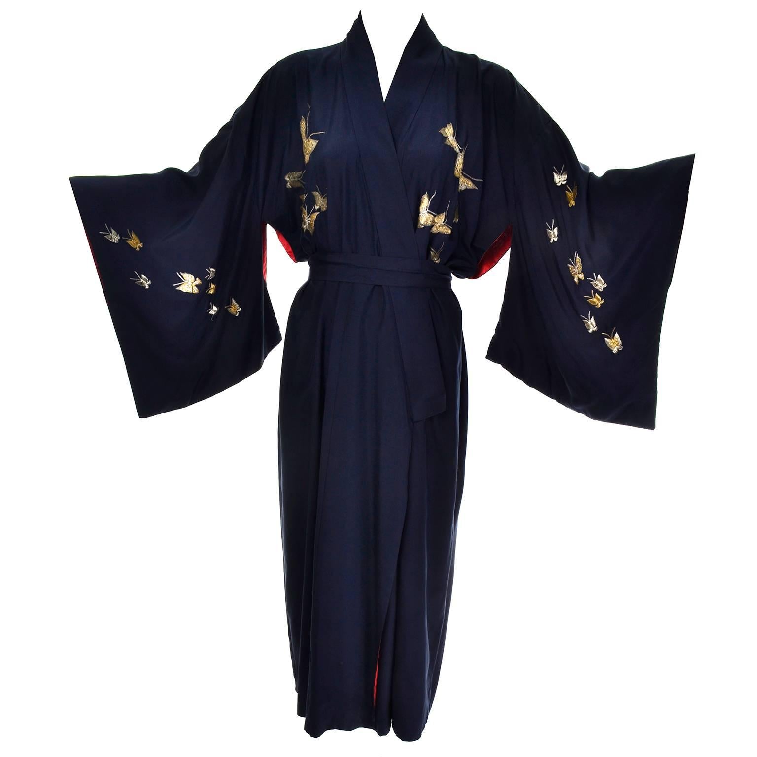 Silk Vintage Kimono Metallic Embroidery Butterflies Dressing Gown Robe at  1stDibs | vintage kimono dress