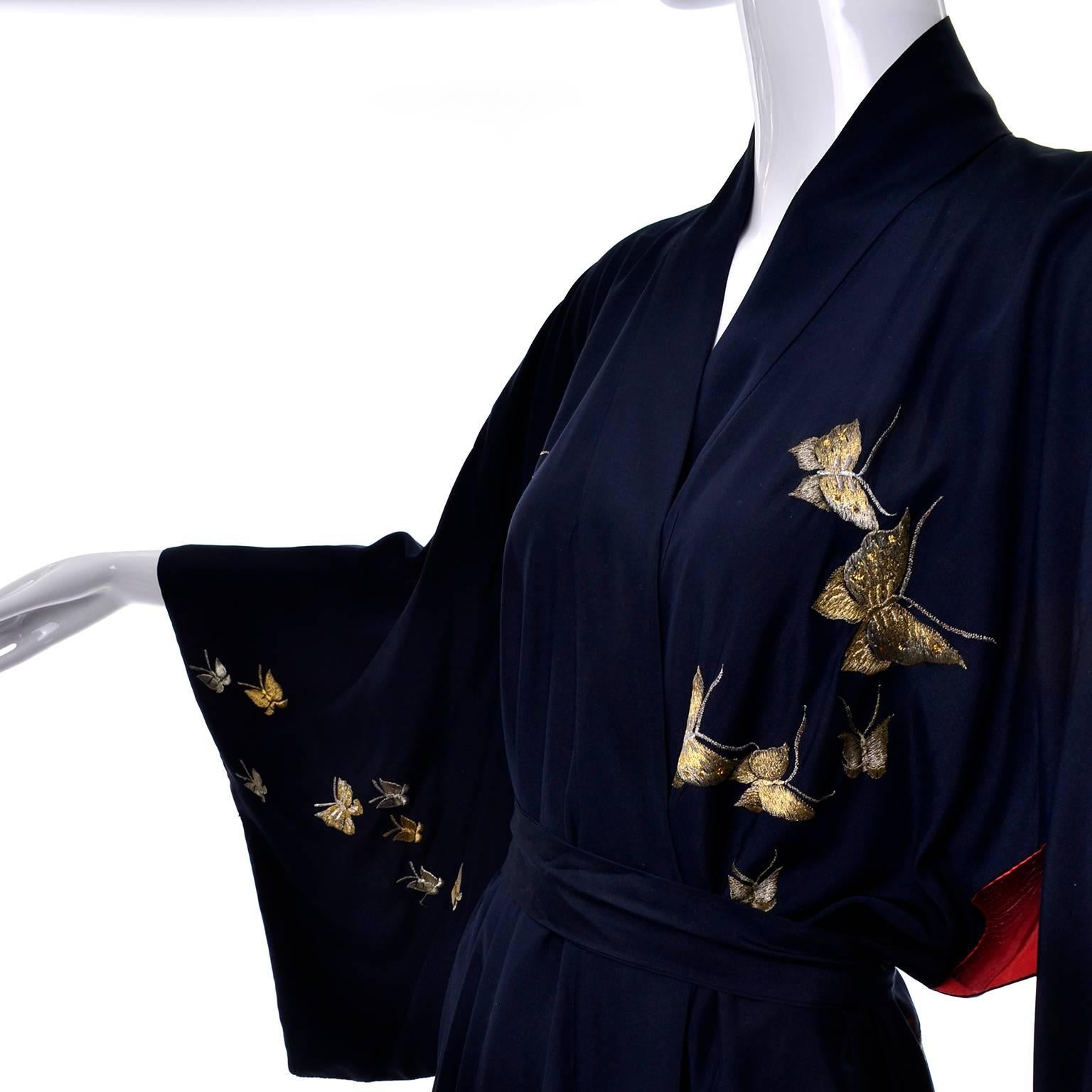 Silk Vintage Kimono Metallic Embroidery Butterflies Dressing Gown Robe In Excellent Condition In Portland, OR