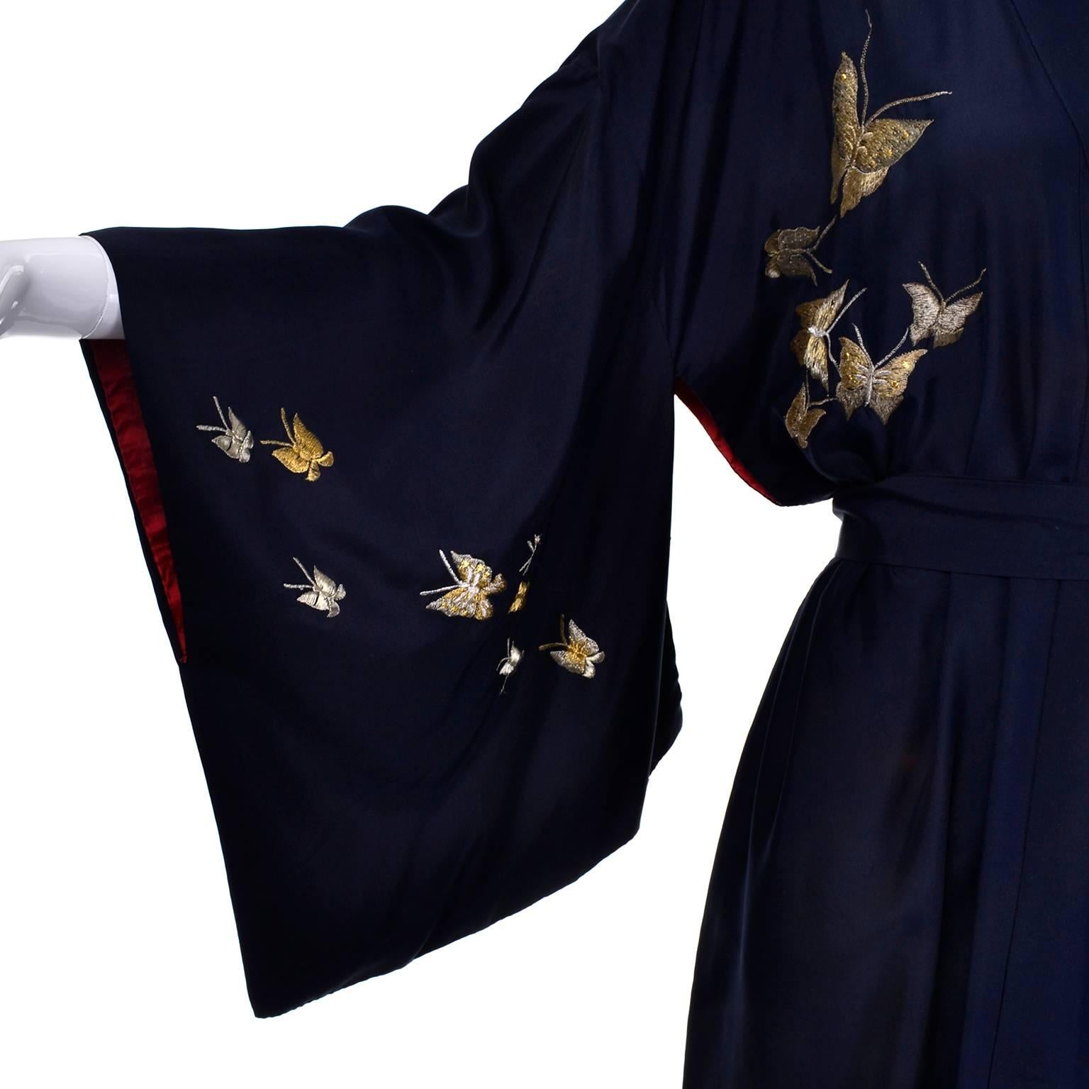 Women's or Men's Silk Vintage Kimono Metallic Embroidery Butterflies Dressing Gown Robe