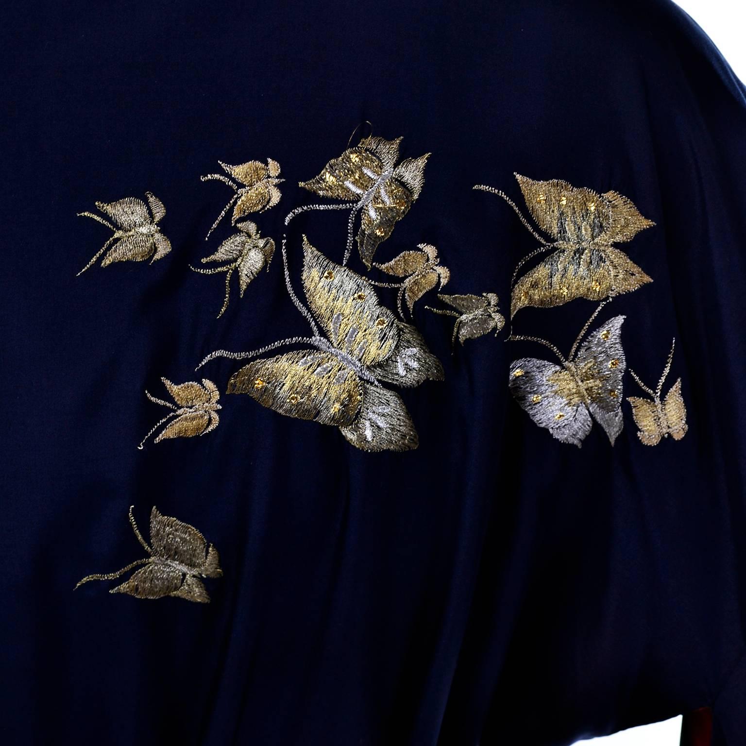 Silk Vintage Kimono Metallic Embroidery Butterflies Dressing Gown Robe 1