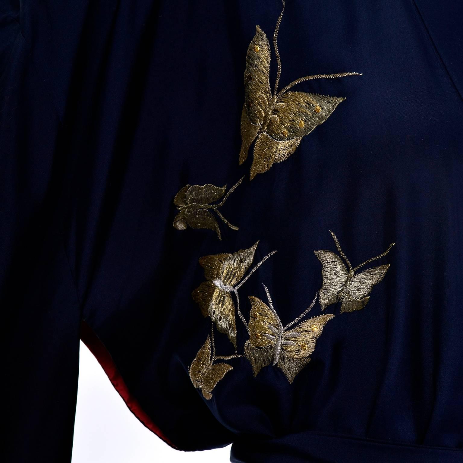 Black Silk Vintage Kimono Metallic Embroidery Butterflies Dressing Gown Robe