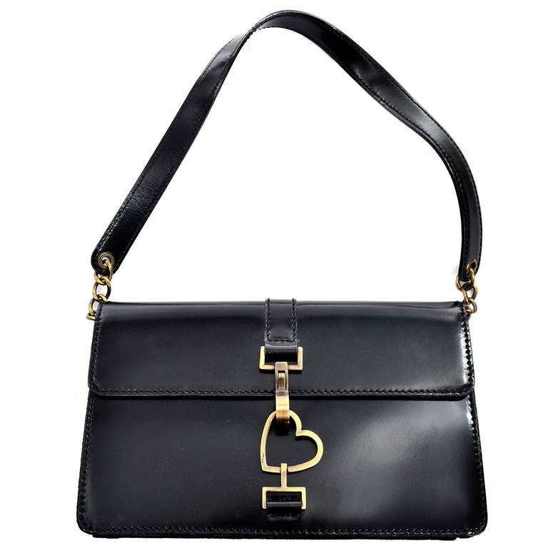 Moschino Vintage Leather Handbag Heart Clasp Shoulder Bag For Sale at