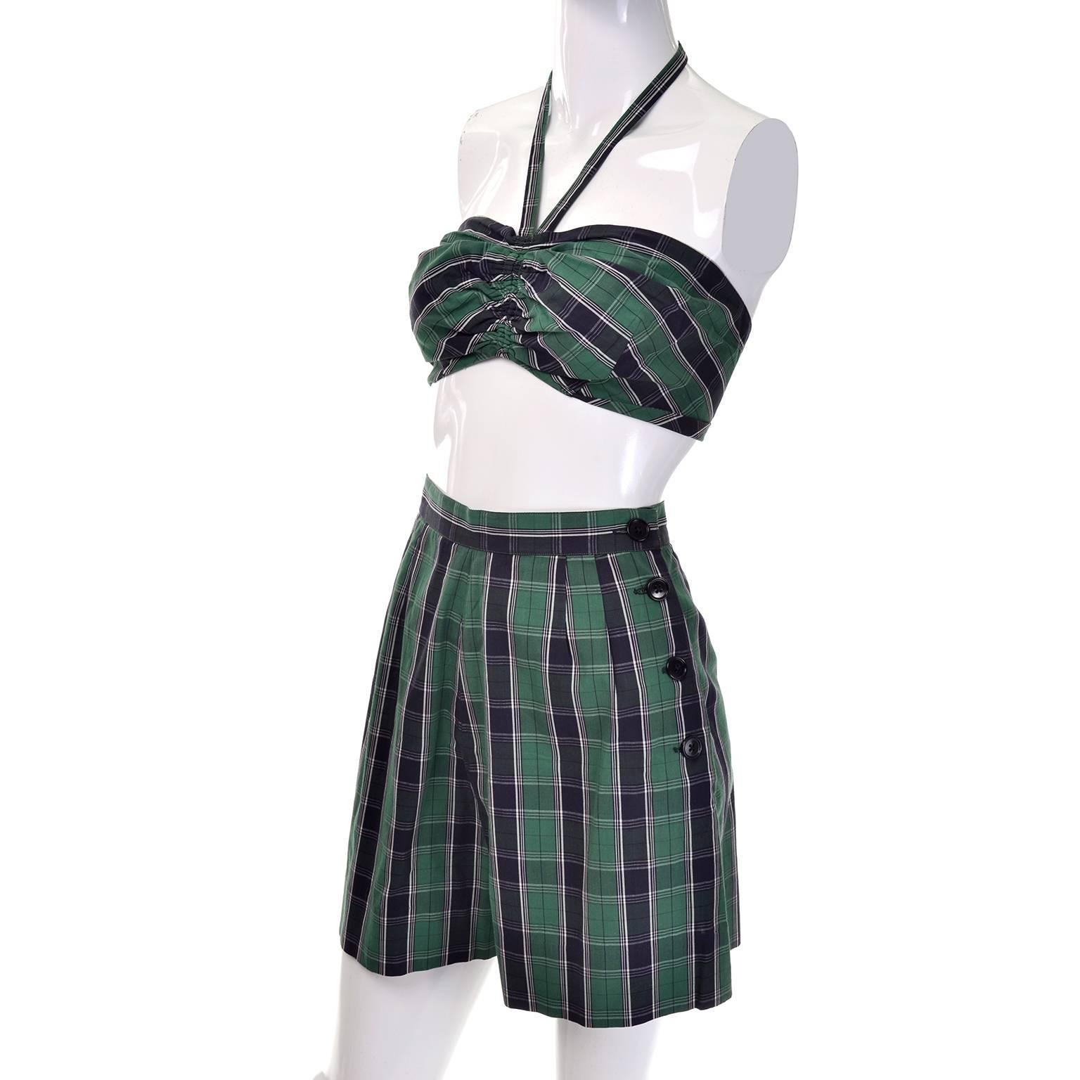This is a sensational vintage 1950's 3 piece sunsuit or playsuit designed by Dorothy Cox for McMullen Glen Falls, NY, in green and navy blue plaid cotton! The McMullen Company was known for its tailored women's sportswear and shirts.  Marilyn Monroe