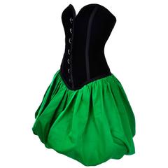 Yves Saint Laurent 1986 Strapless Vintage Dress Bubble Hem Green Black 12