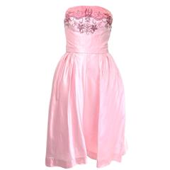 1950s Vintage Dress Pink Strapless Beaded Lipman Wolfe & Co
