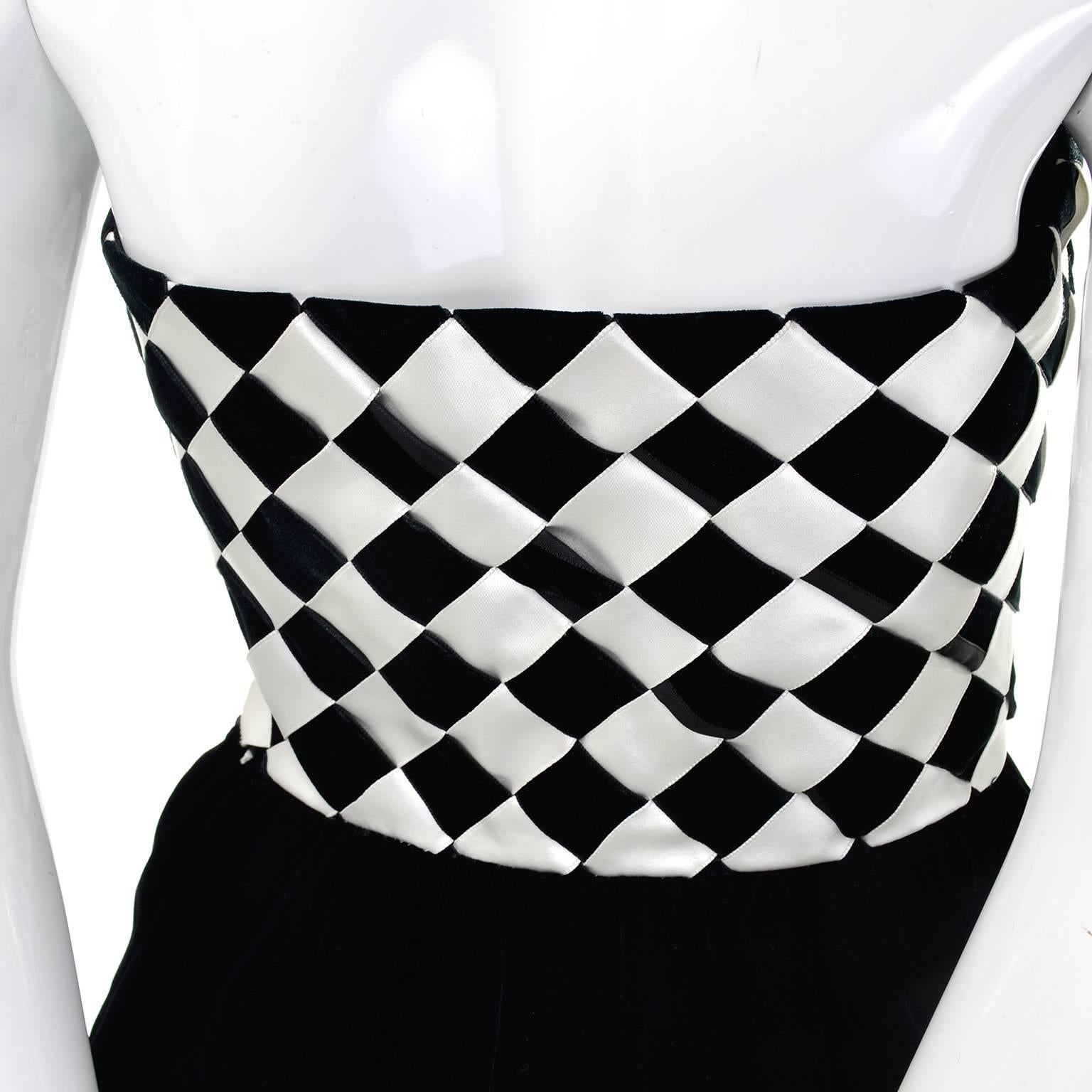 1980s Victor Costa Vintage Dress & Velvet Jacket in Black & White Diamond Check 1