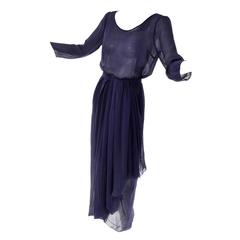 Vintage Christian Dior Haute Couture Numbered Navy Blue Silk Chiffon 2Pc Dress 2 12