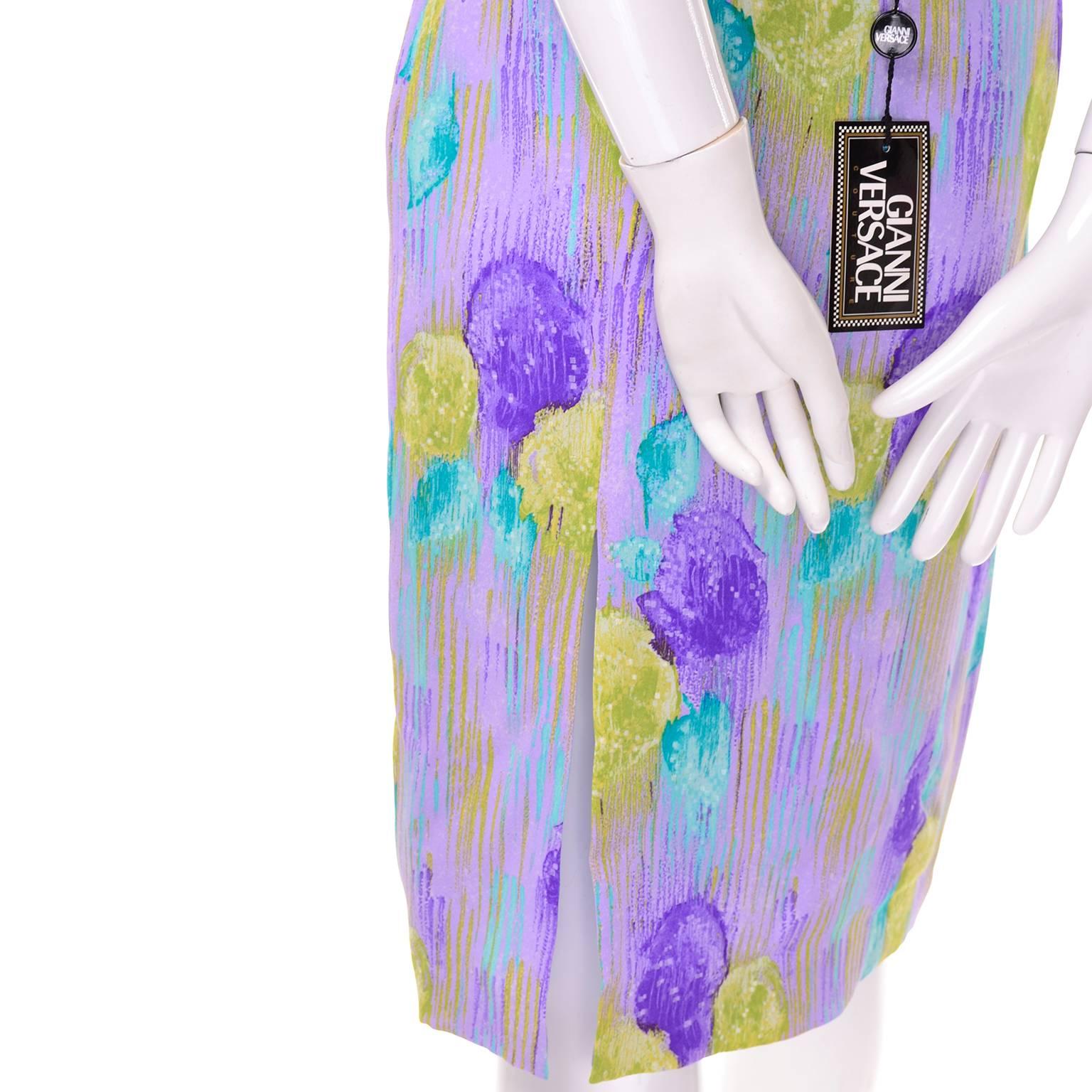 1990s Gianni Versace Purple Print Silk 2 pc Dress Midriff Top & Skirt Deadstock 2