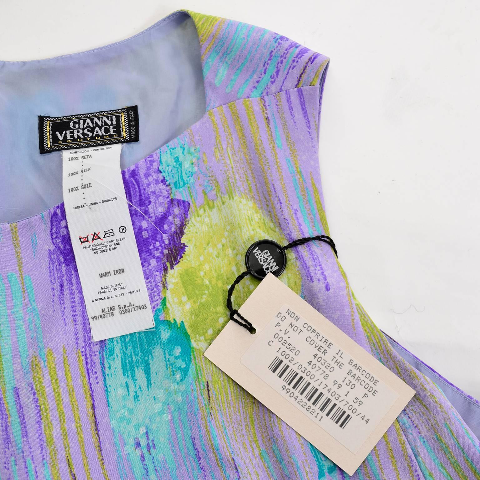 1990s Gianni Versace Purple Print Silk 2 pc Dress Midriff Top & Skirt Deadstock 4