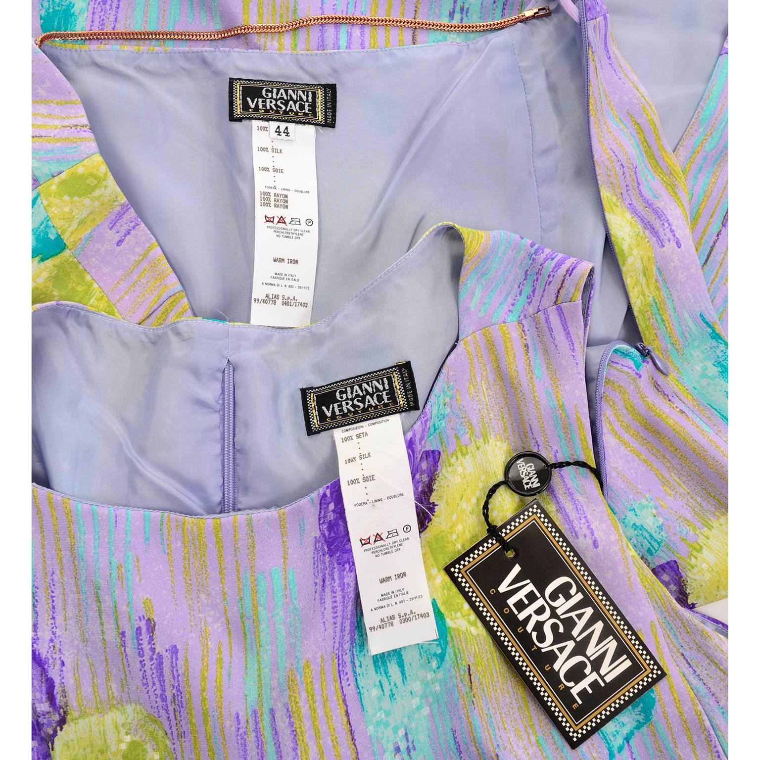 1990s Gianni Versace Purple Print Silk 2 pc Dress Midriff Top & Skirt Deadstock 5