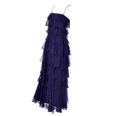 Fred Perlberg Originals Blue Silk Chiffon Ruffled Tiered Vintage Dress W Shawl