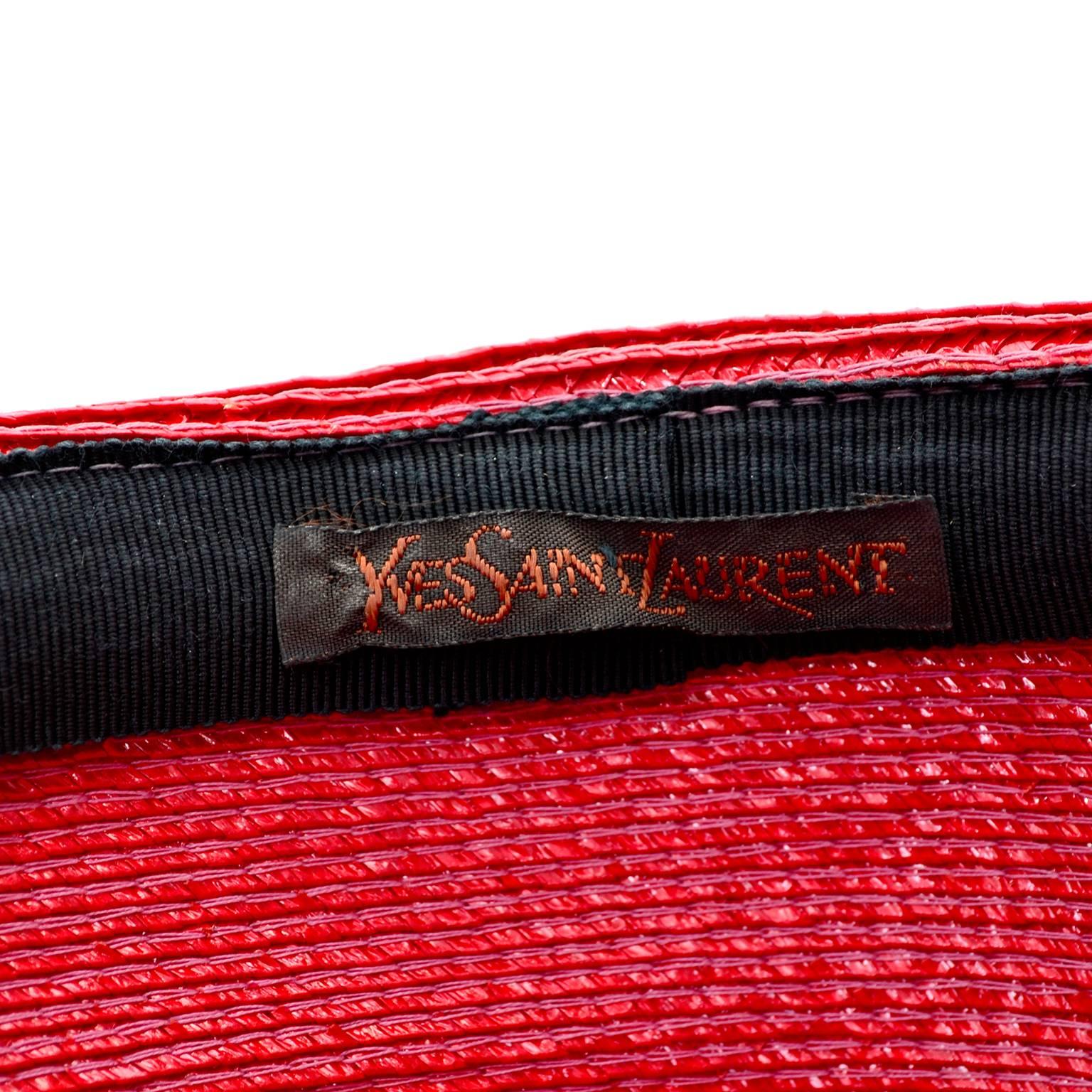 Women's YSL Cherry Red Wide Brim Vintage Straw Hat Yves Saint Laurent
