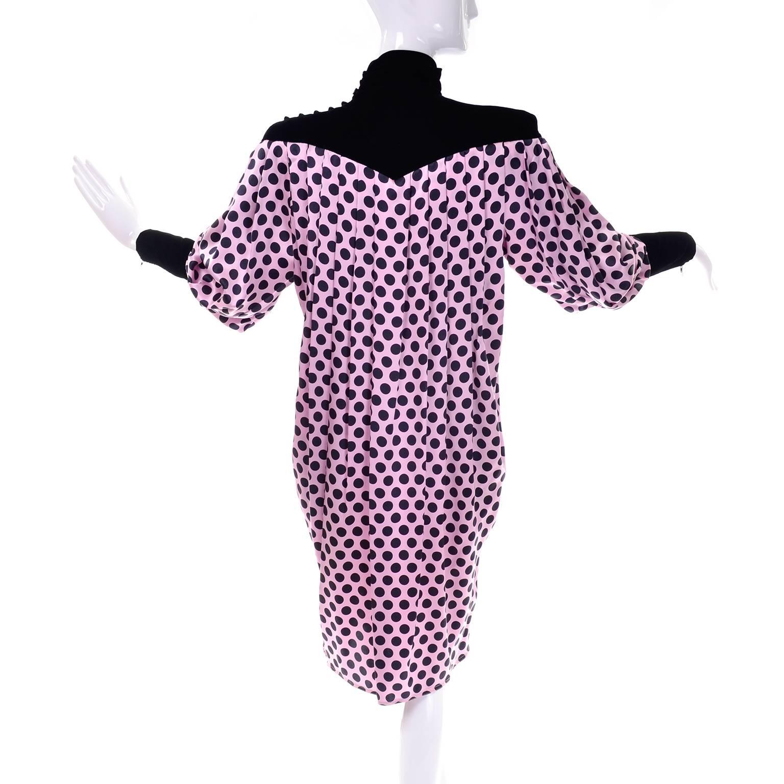 Purple 1980s Emanuel Ungaro Vintage Pink Silk and Black Velvet Polka Dot Dress