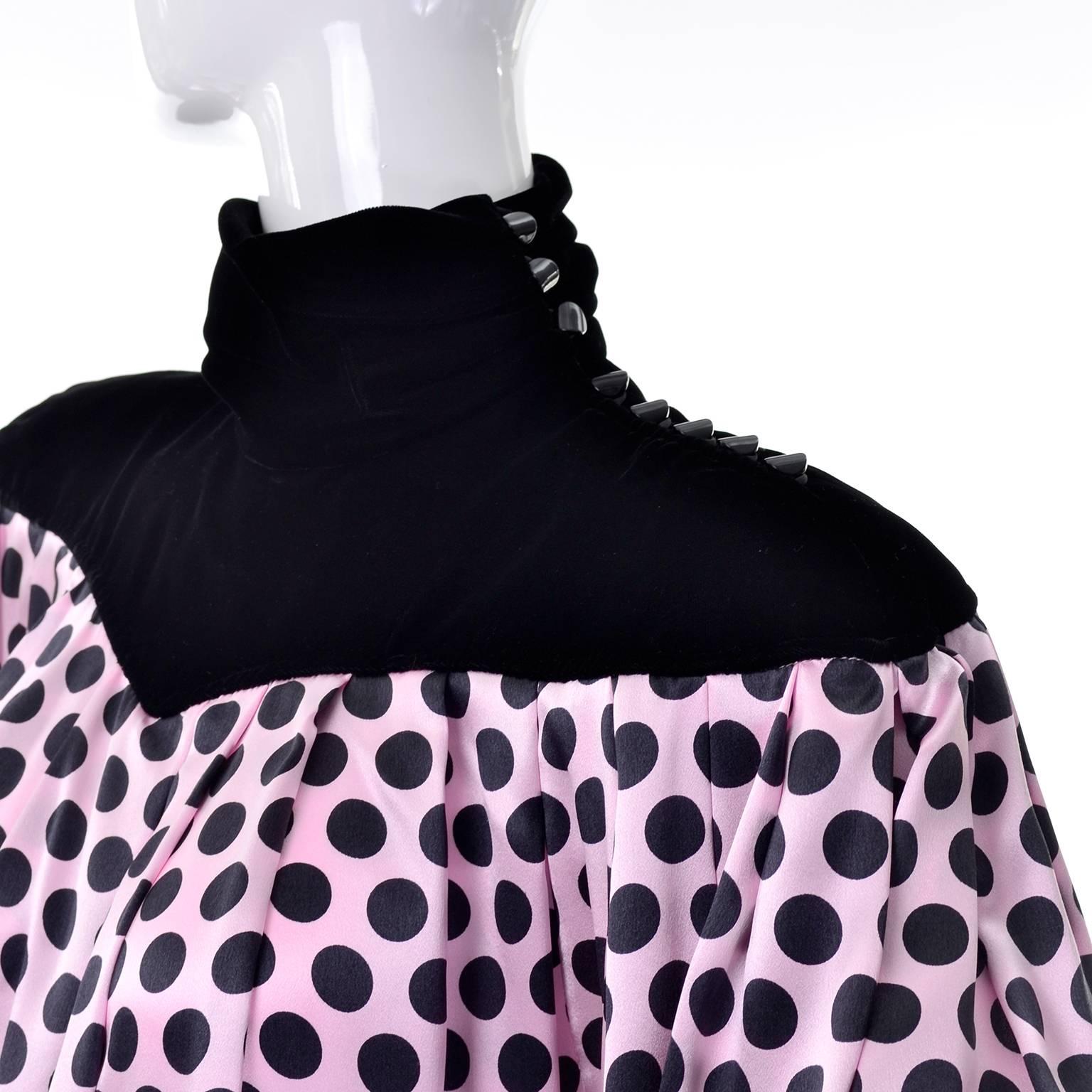 Women's 1980s Emanuel Ungaro Vintage Pink Silk and Black Velvet Polka Dot Dress